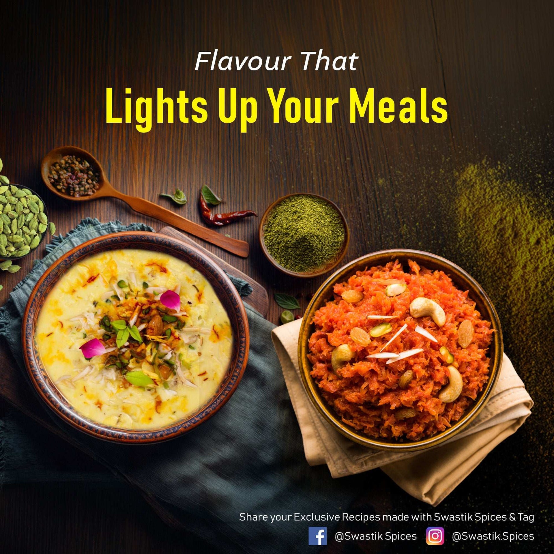 Green cardamom showcased with bowls of Indian kheer and carrot halwa, emphasizing flavor that lights up meals by Swastik Spices.