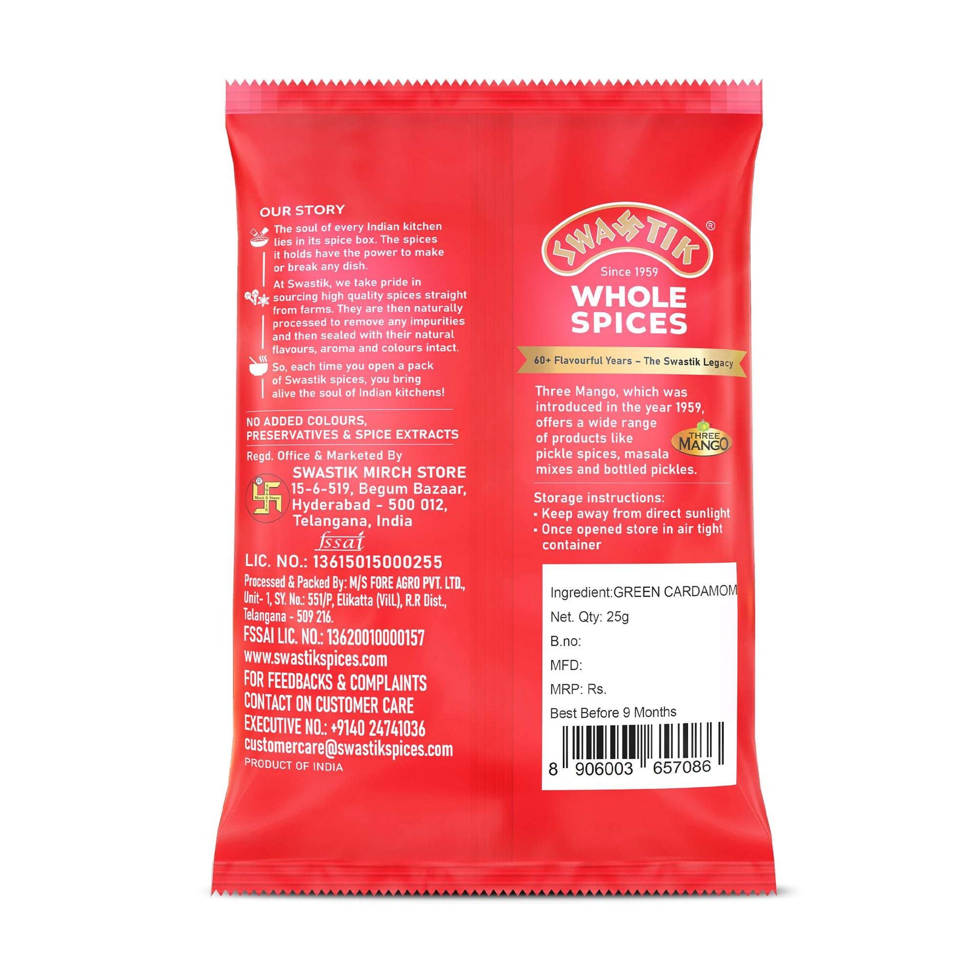 Swastik Green Cardamom 25g pack back view showing brand story, manufacturing details, storage instructions, barcode, and ingredient listing.