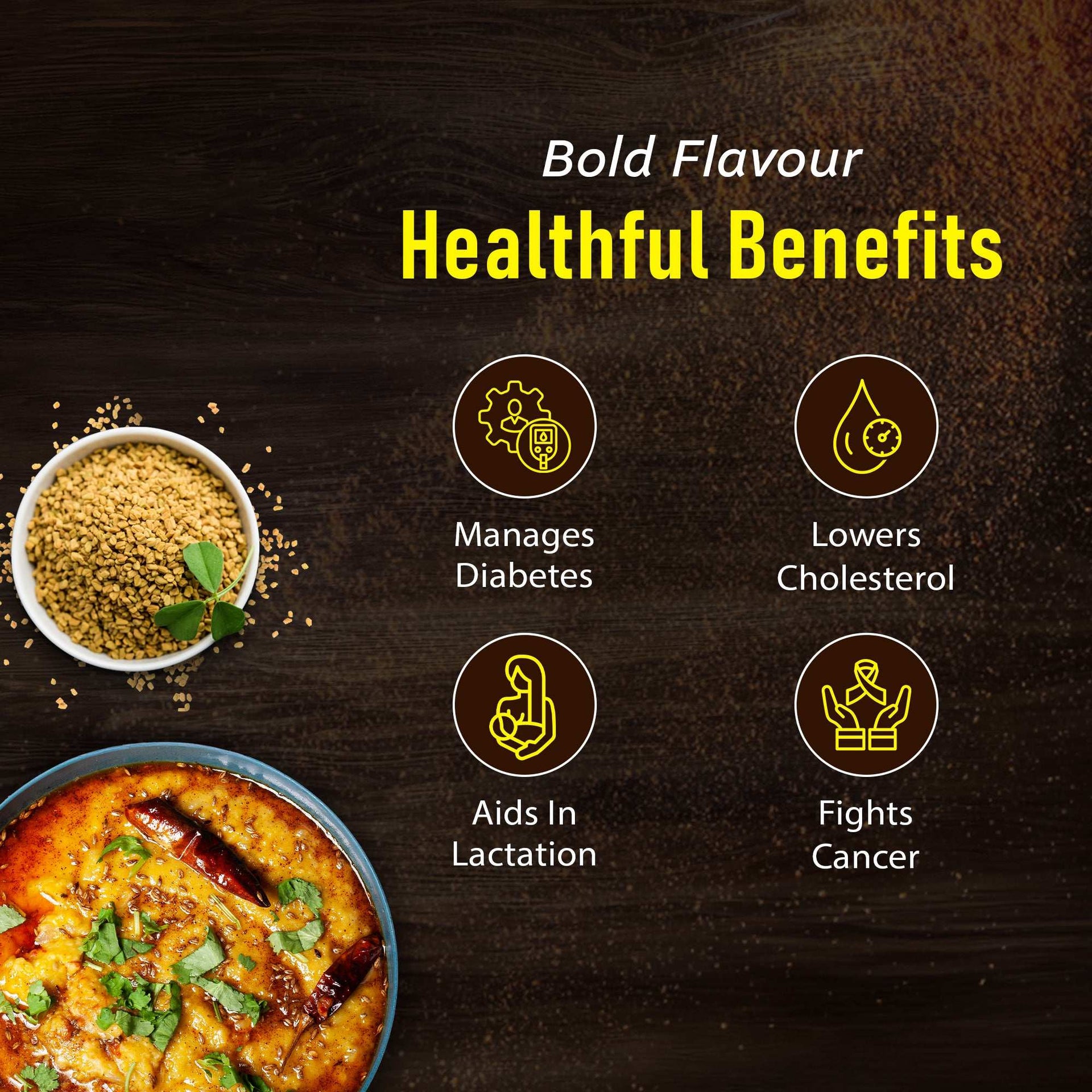 Swastik 100g fenugreek seeds (methi dana) shown with Indian curry, highlighting health benefits like diabetes management, cholesterol reduction, lactation aid, and cancer prevention.