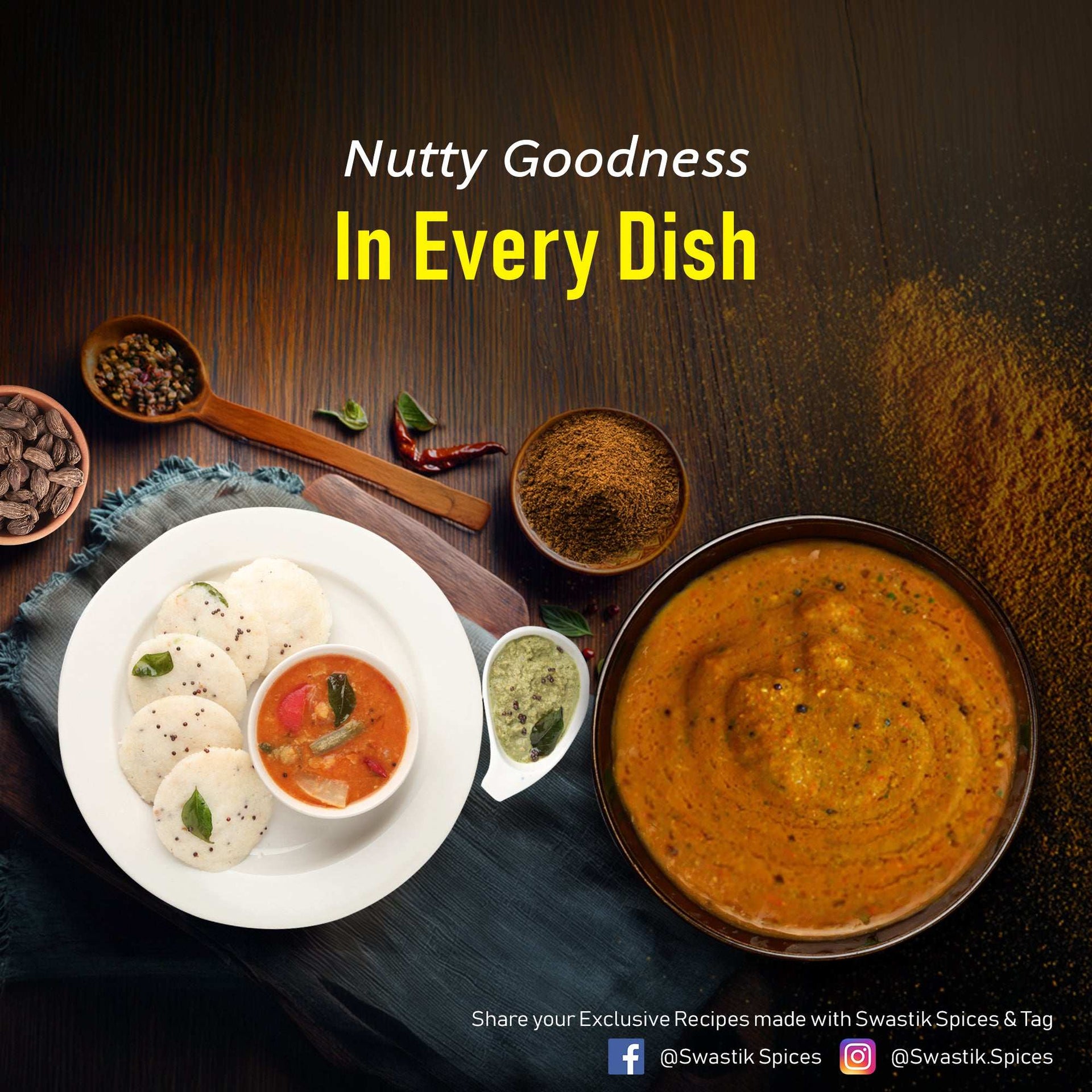 South Indian idlis, chutneys, and curry featured with 100g fenugreek seeds and whole spices, emphasizing nutty goodness by Swastik Spices.