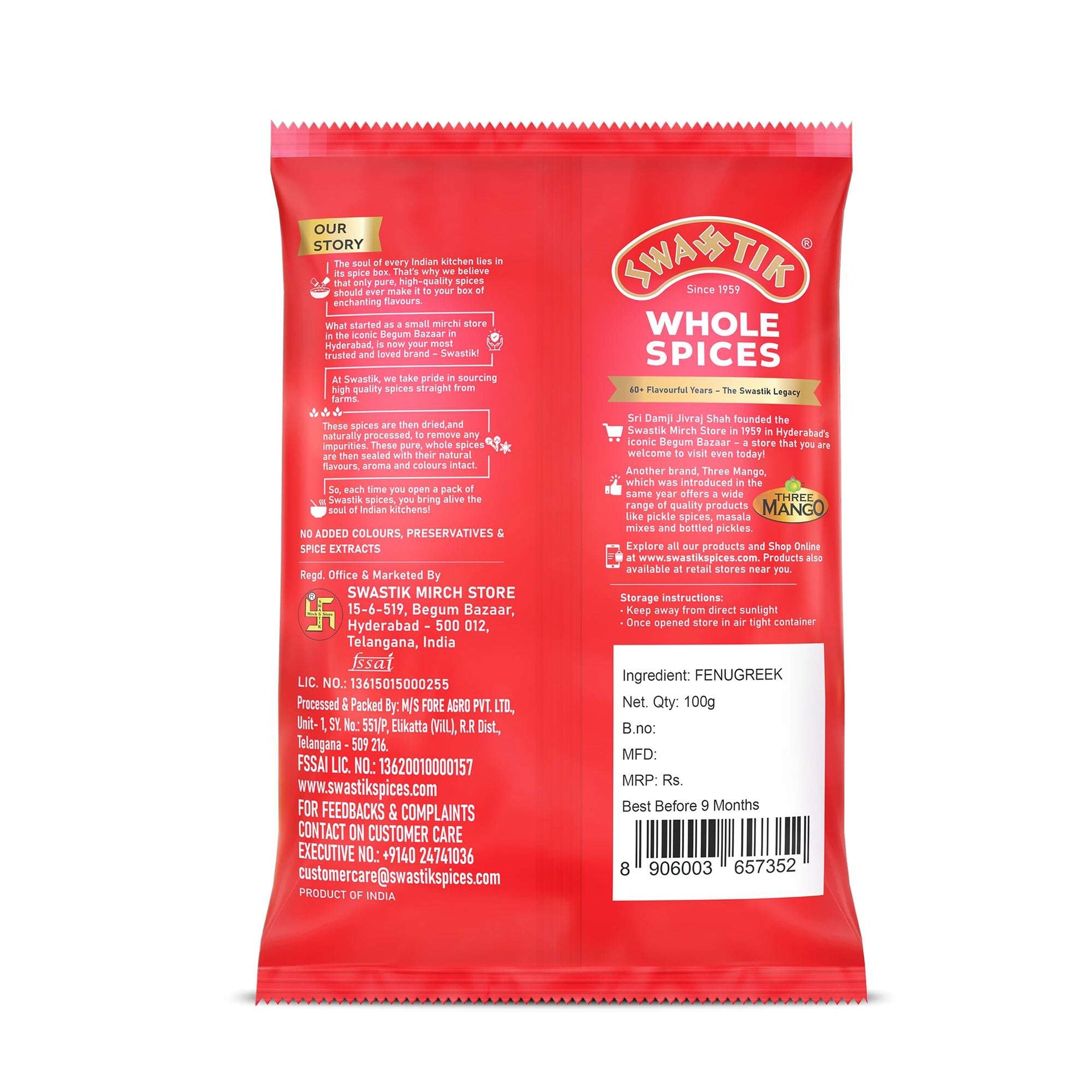 Swastik Fenugreek Seeds 100g pack back view showing brand story, manufacturing details, storage instructions, barcode, and ingredient listing.