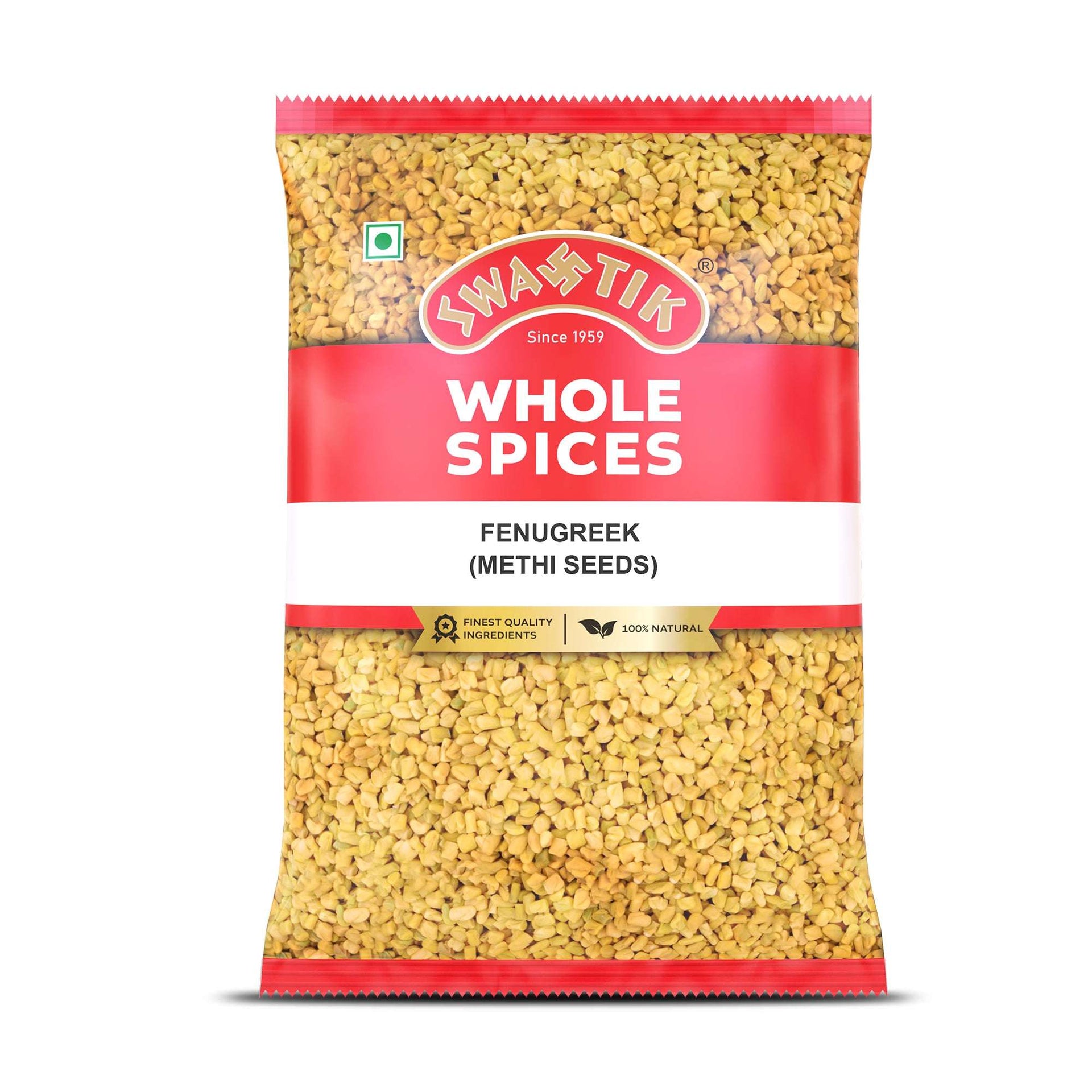 Swastik Fenugreek Seeds 50g pack – red and white packaging with visible Fenugreek seeds, labeled 100% natural and finest quality ingredients.