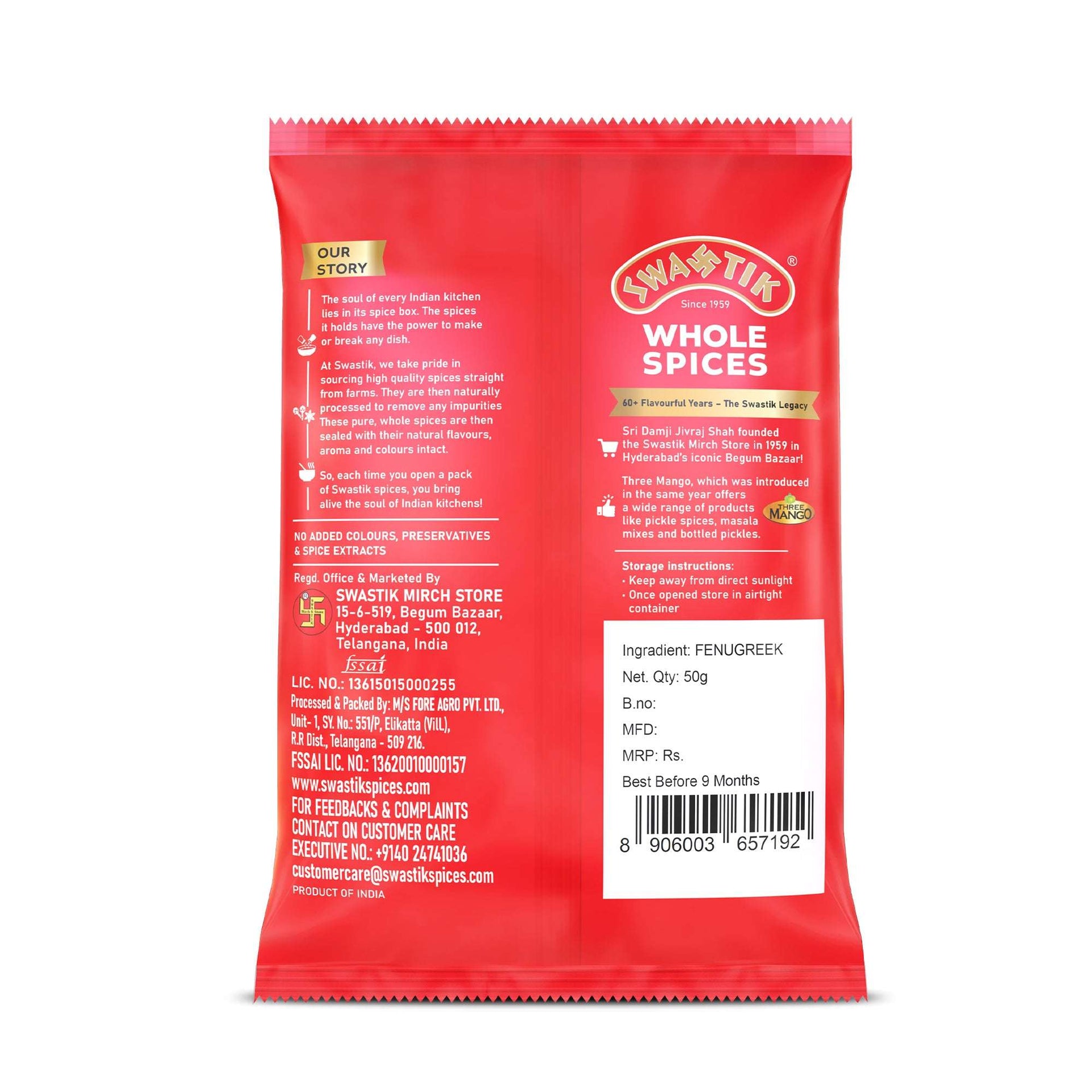 Swastik Fenugreek Seeds 50g pack back view showing brand story, manufacturing details, storage instructions, barcode, and ingredient listing.