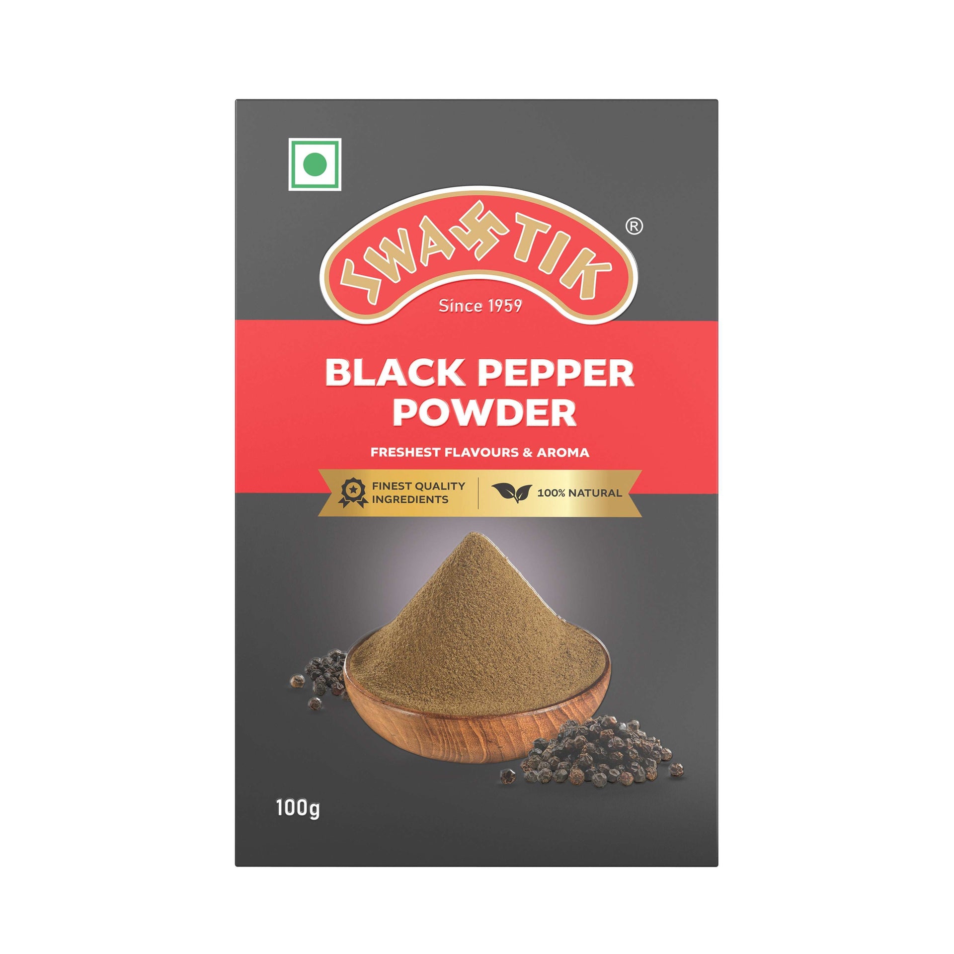 Swastik Black Pepper Powder 100g pack front view with grounded pepper in a wooden bowl and whole peppercorns