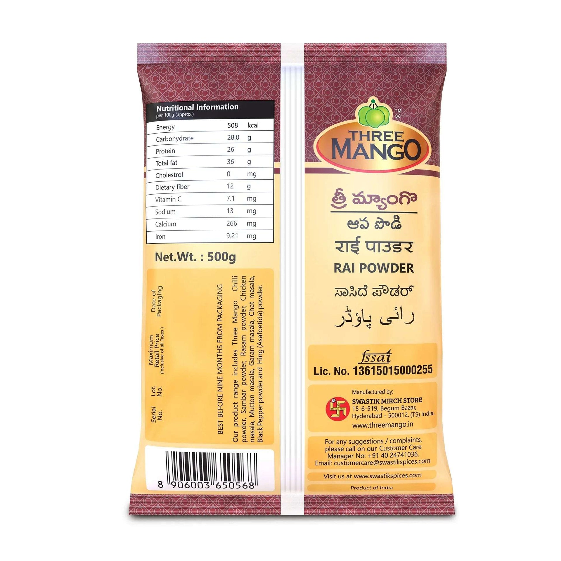 Three Mango Rai Powder 500g back pack with mustard seeds, ground rai, and a ceramic pickle jar, labeled for pickles and daily use