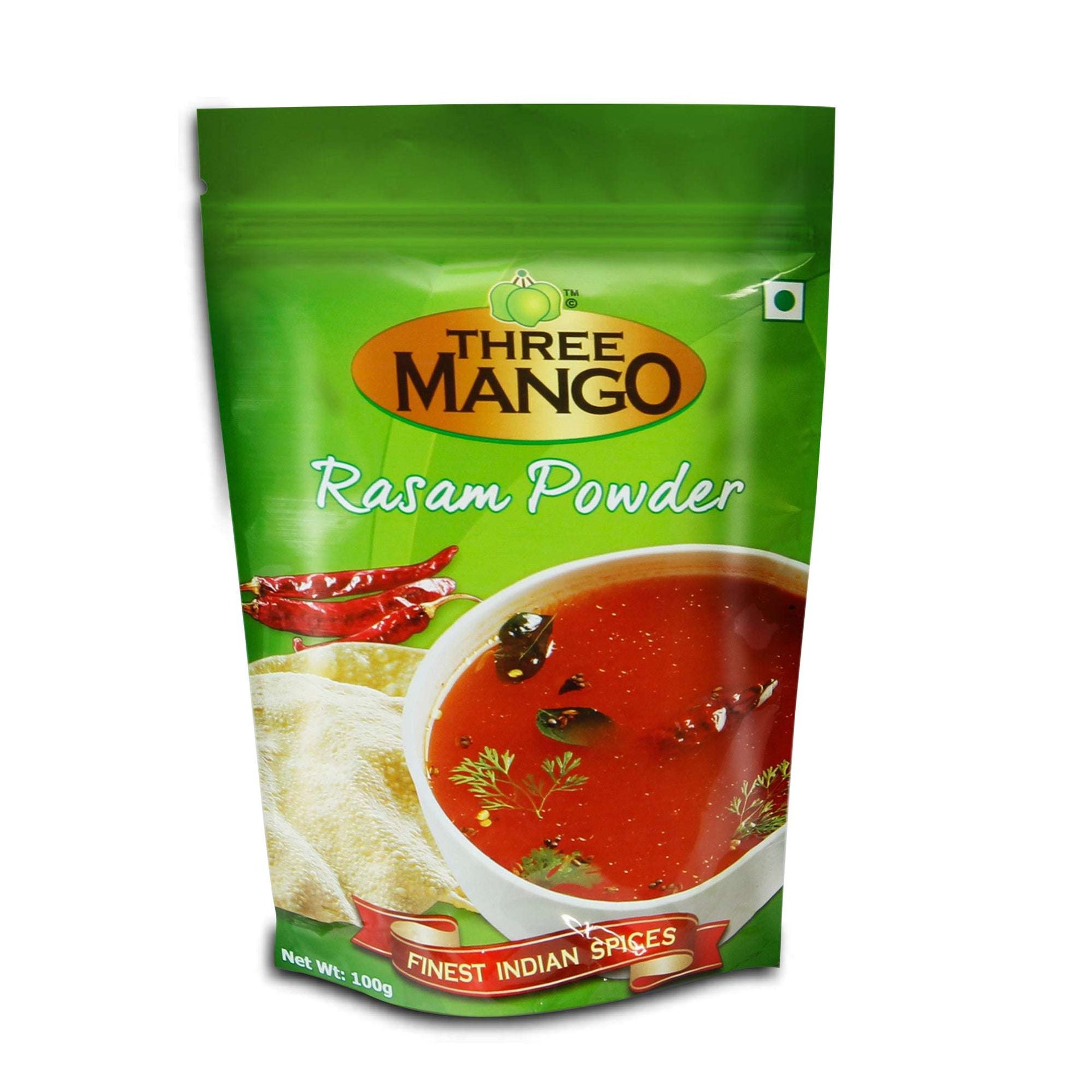 Three Mango Rasam Powder 100g front pack with bowl of rasam
