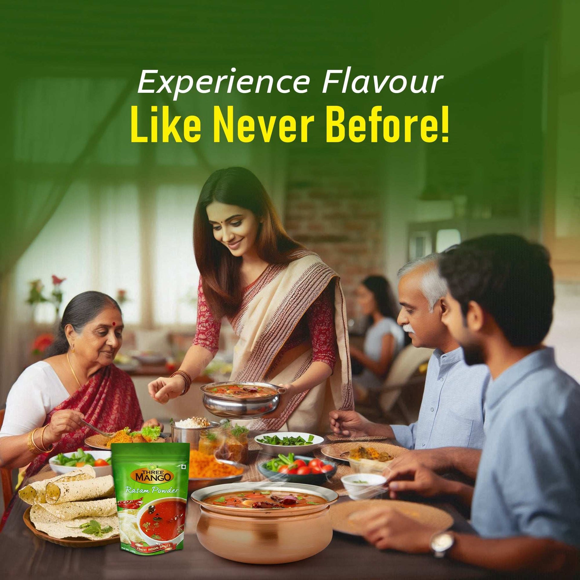 Family enjoying a meal featuring Three Mango Rasam Powder