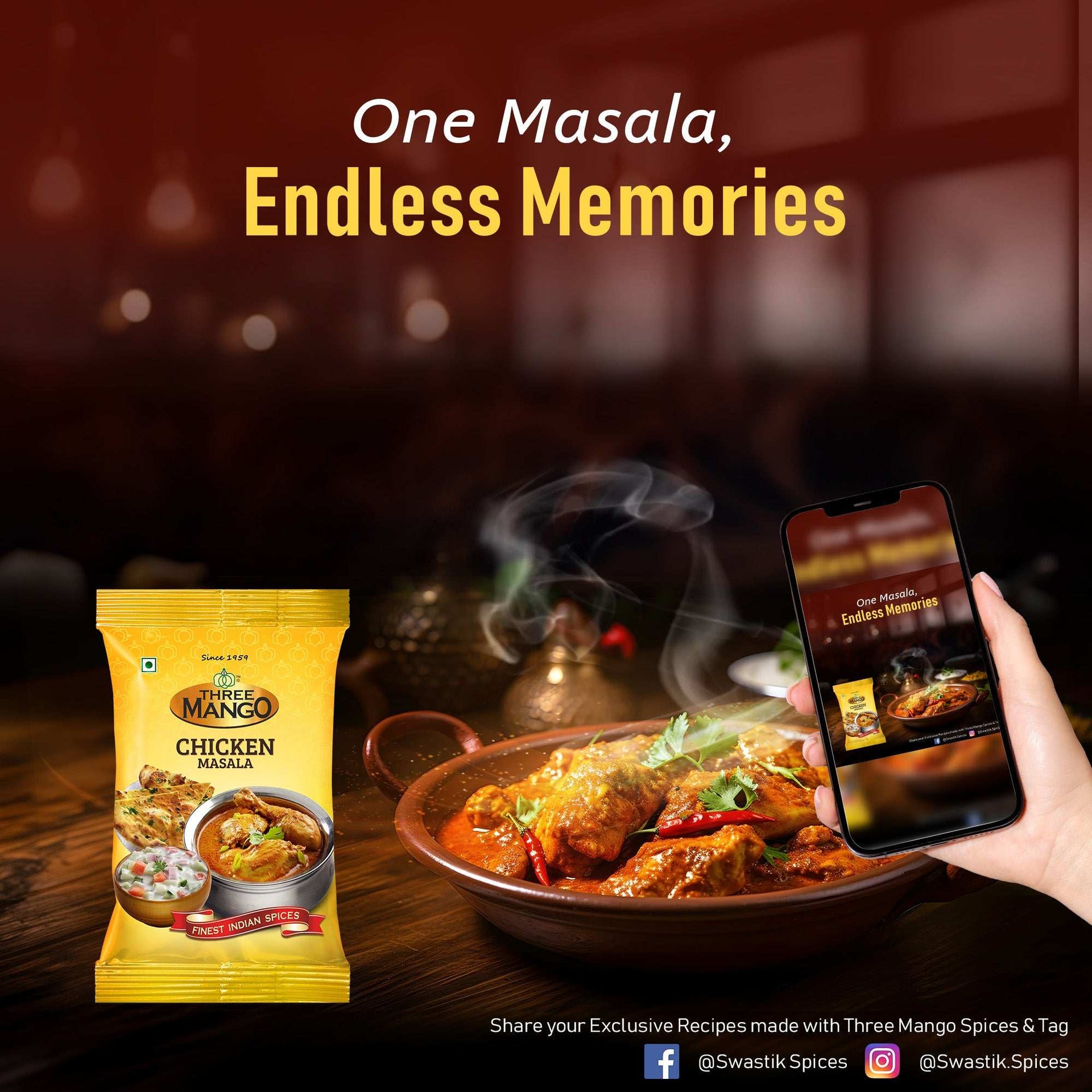 Phone screen displaying Three Mango Chicken Masala alongside steaming curry in a clay pot