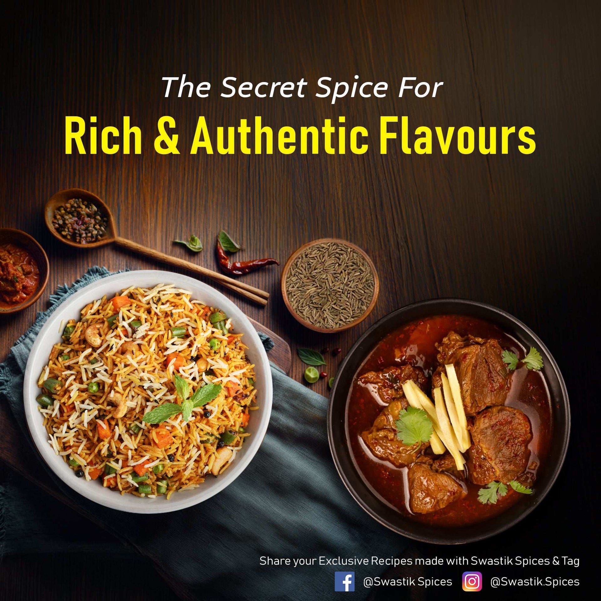 Biryani and mutton curry served with whole shajeera spice, showing how shajeera adds rich and authentic Indian flavours.