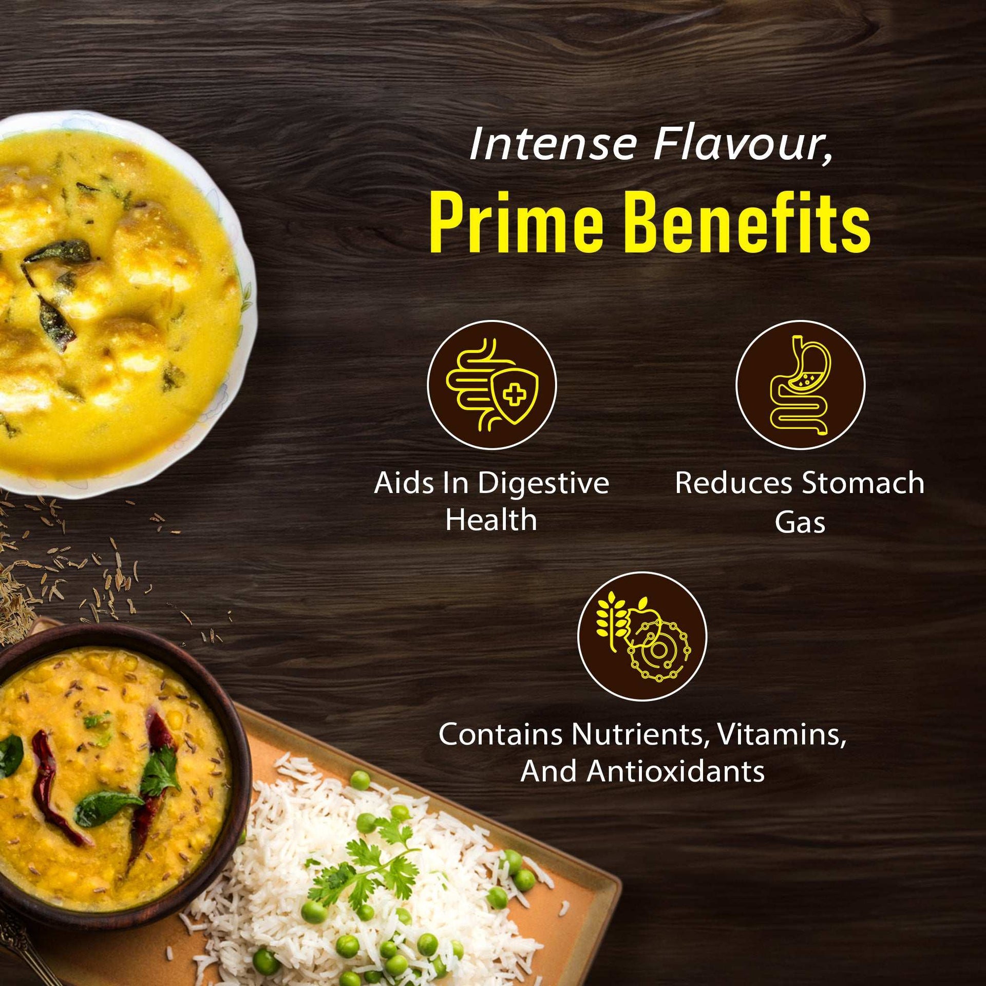 Bowl of dal and plate of jeera rice with icons showing benefits of shajeera like digestion, gas relief, and rich in nutrients.