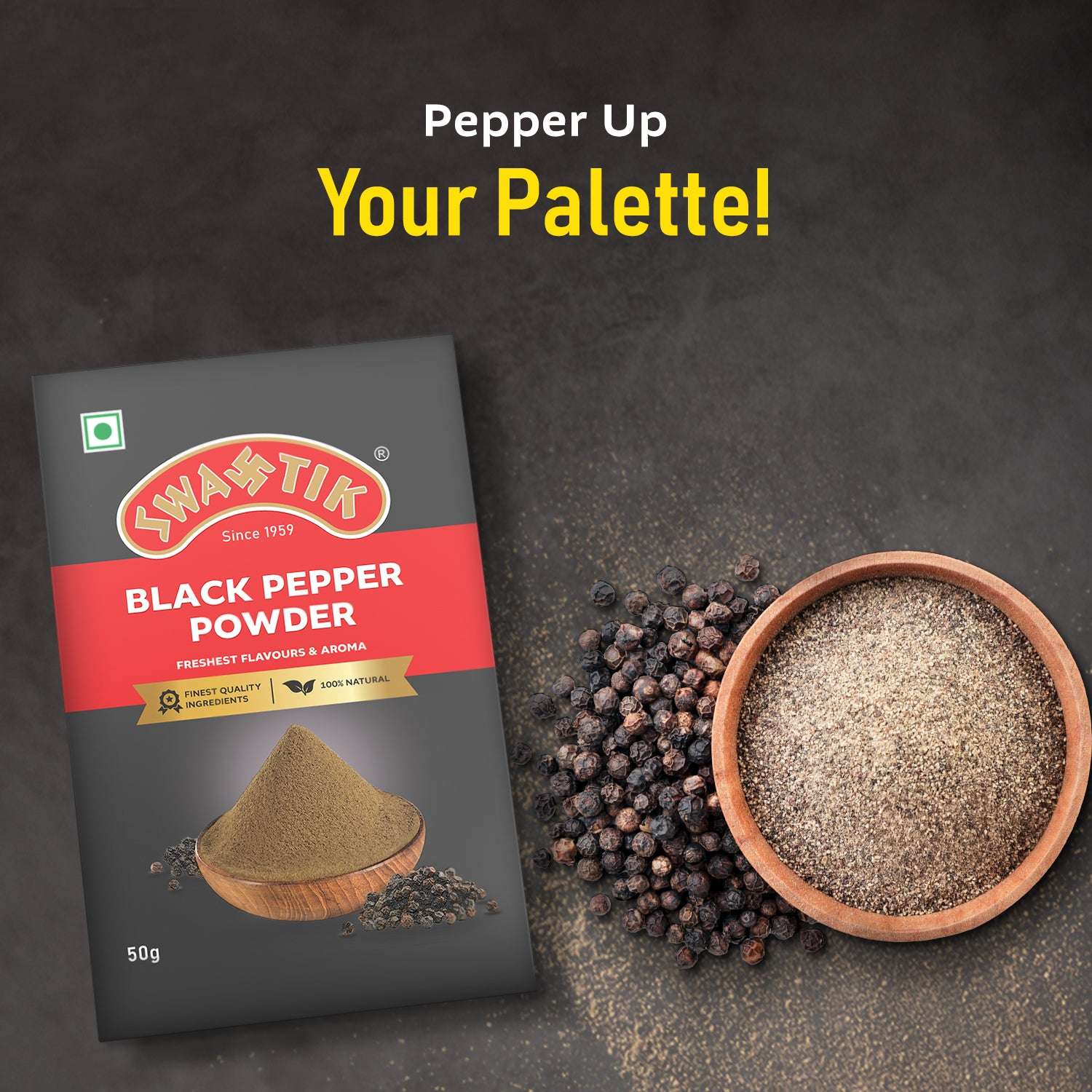 Swastik Black Pepper Powder 50grams pack front view with grounded pepper in a wooden bowl and whole peppercorns