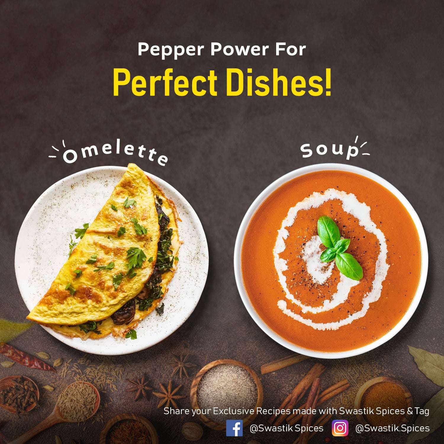 Pepper powder for omelette and soup – visual showing seasoning uses with Swastik Black Pepper pack