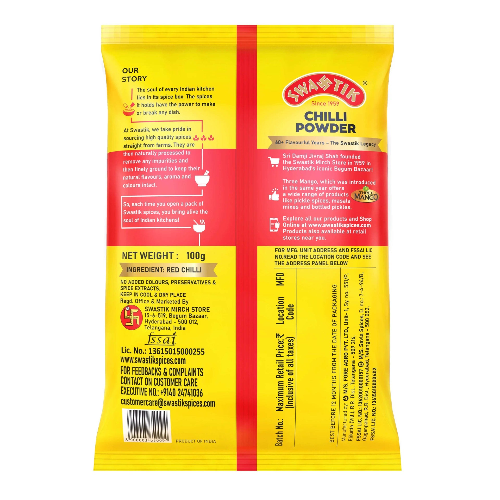 Back side of Swastik Chilli Powder 100g pack showing product story, ingredient (red chilli), manufacturer details, storage instructions, barcode, and FSSAI information.