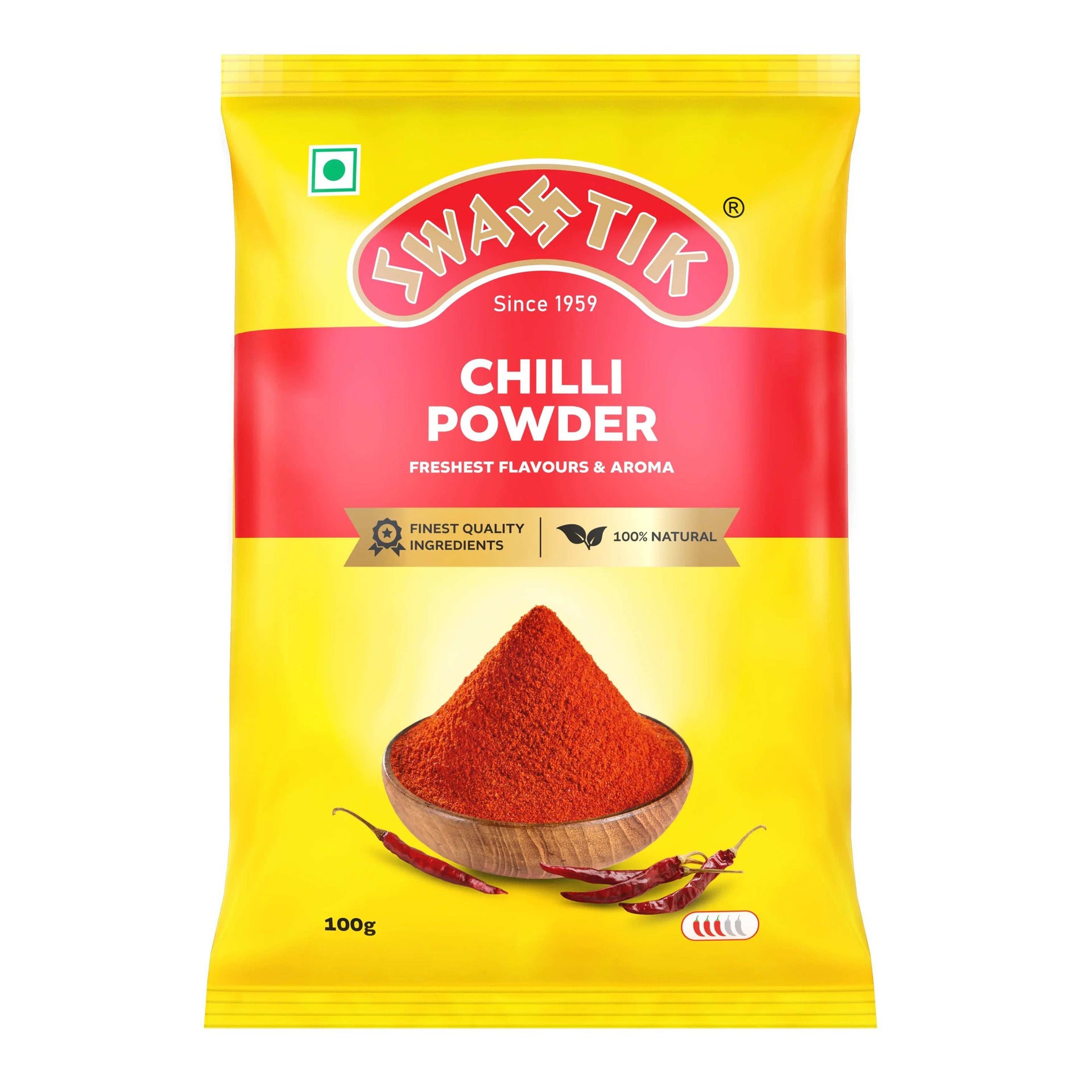 Swastik Chilli Powder 100g pack with yellow and red packaging, featuring a wooden bowl filled with bright red chilli powder and whole dried chillies, labeled 100% natural.