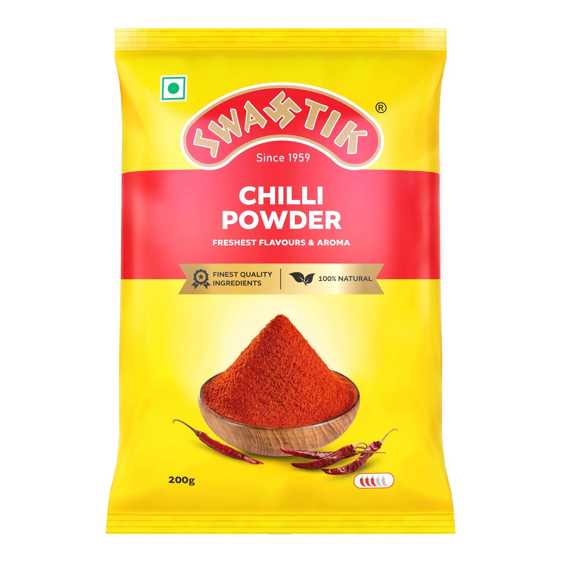 Swastik Chilli Powder 200g pack with yellow and red packaging, featuring a wooden bowl filled with bright red chilli powder and whole dried chillies, labeled 100% natural.