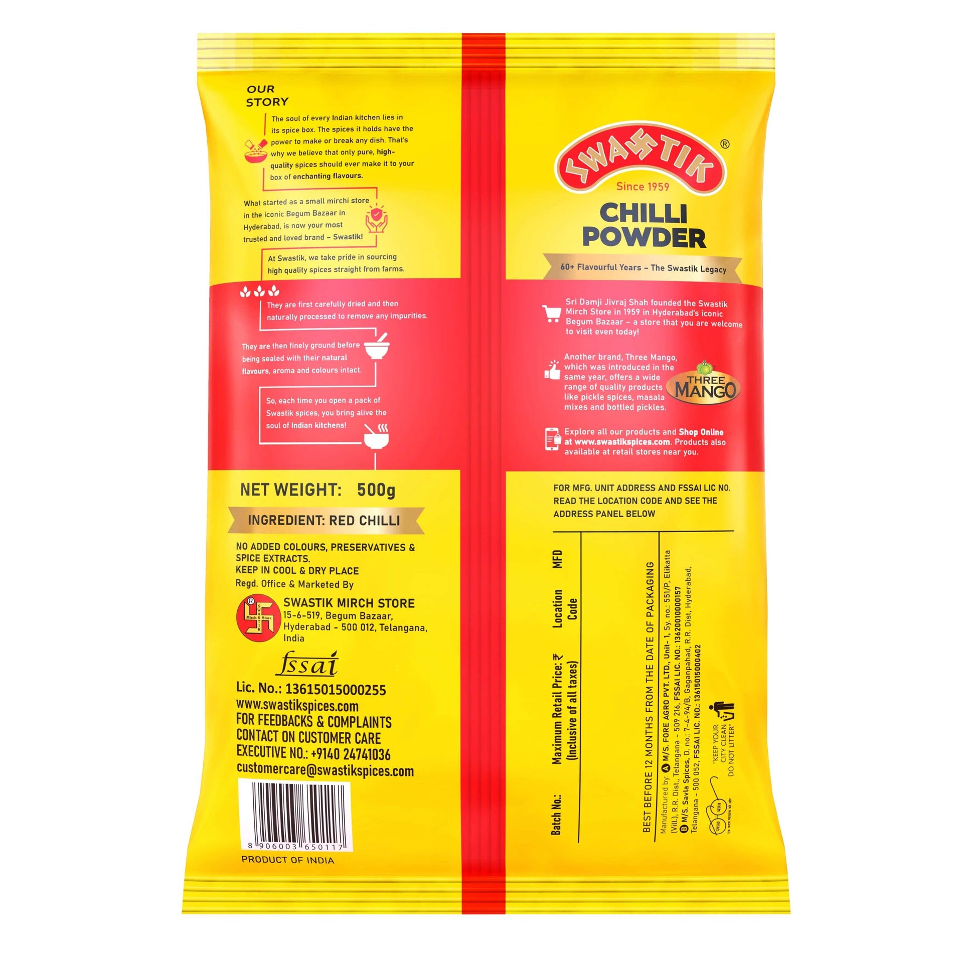Back side of Swastik Chilli Powder 500g pack showing product story, ingredient (red chilli), manufacturer details, storage instructions, barcode, and FSSAI information.