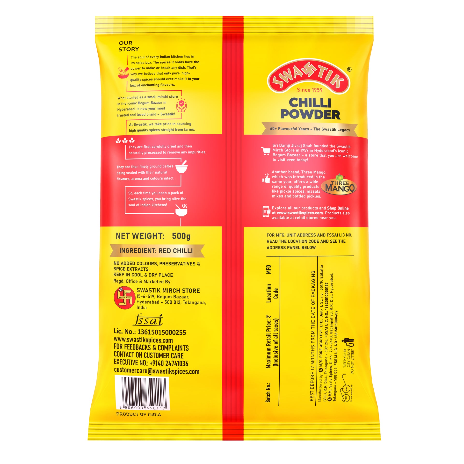 Back side of Swastik Chilli Powder 500g pack showing product story, ingredient (red chilli), manufacturer details, storage instructions, barcode, and FSSAI information.