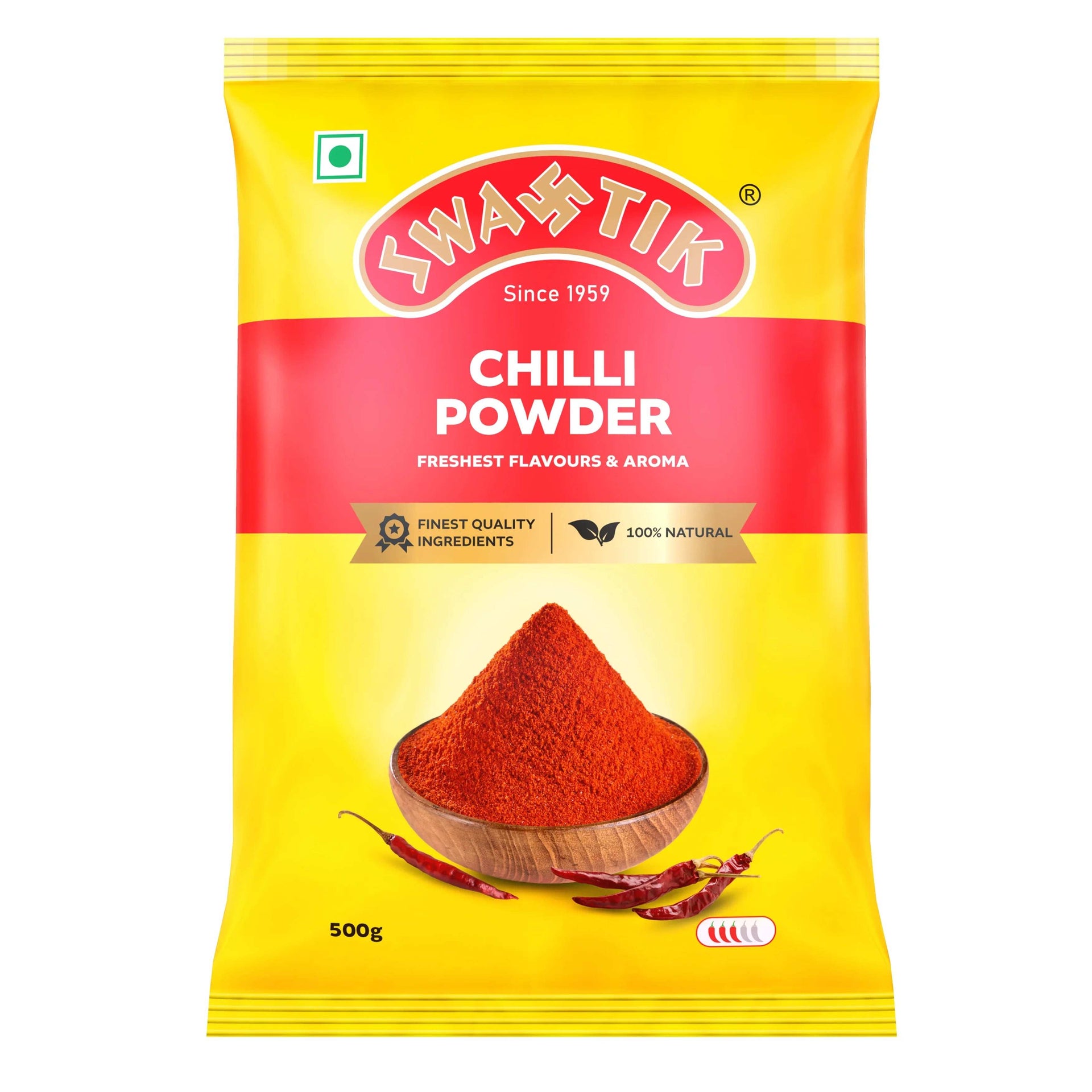 Swastik Chilli Powder 500g pack with yellow and red packaging, featuring a wooden bowl filled with bright red chilli powder and whole dried chillies, labeled 100% natural.
