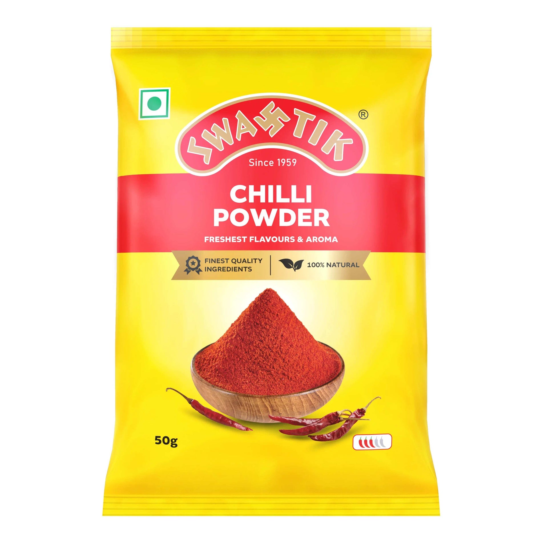 Swastik Chilli Powder 50g pack with yellow and red packaging, featuring a wooden bowl filled with bright red chilli powder and whole dried chillies, labeled 100% natural.