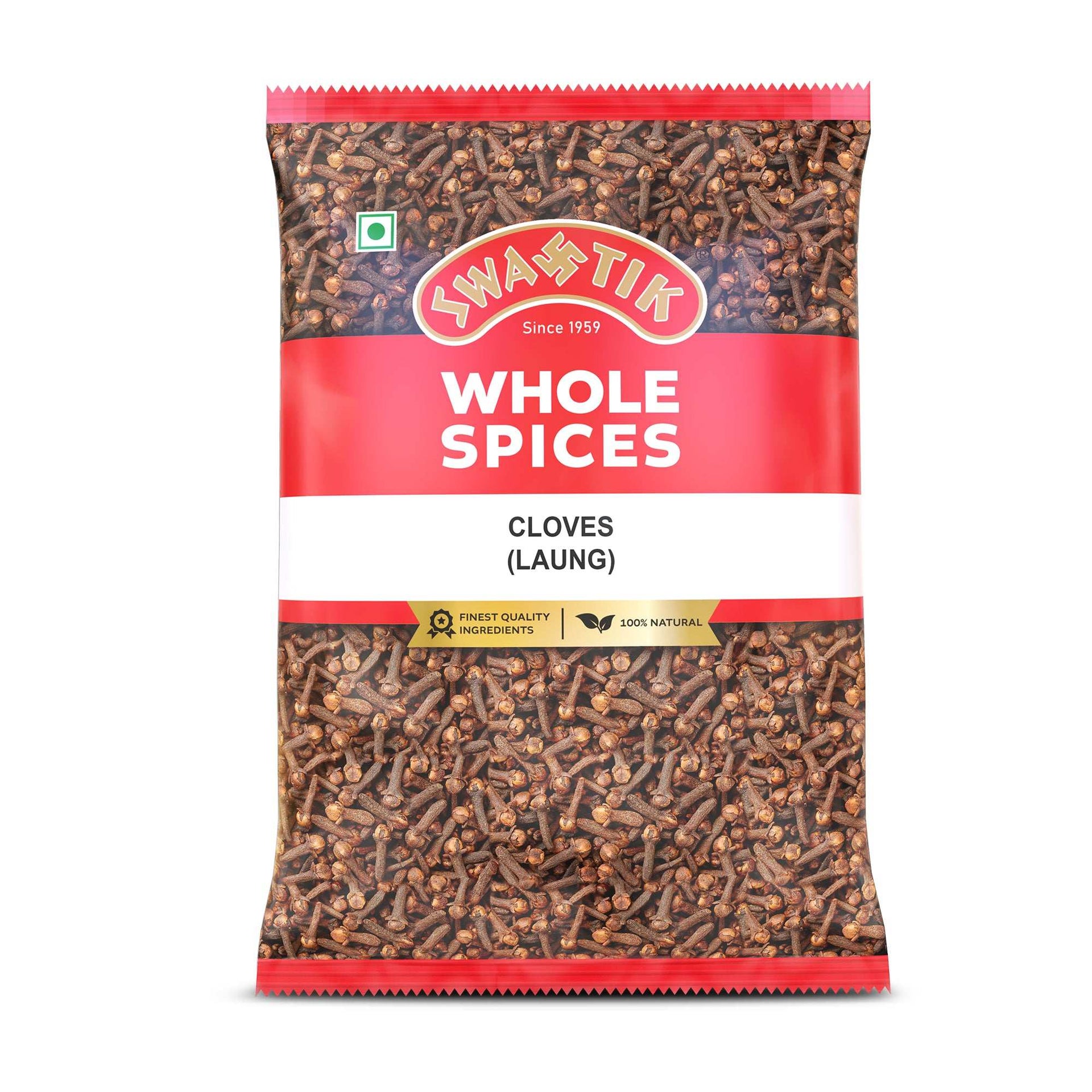 Swastik Whole Spices Clove (Laung) pack with red and white packaging, showing whole cloves and labeled 100% natural and finest quality ingredients.