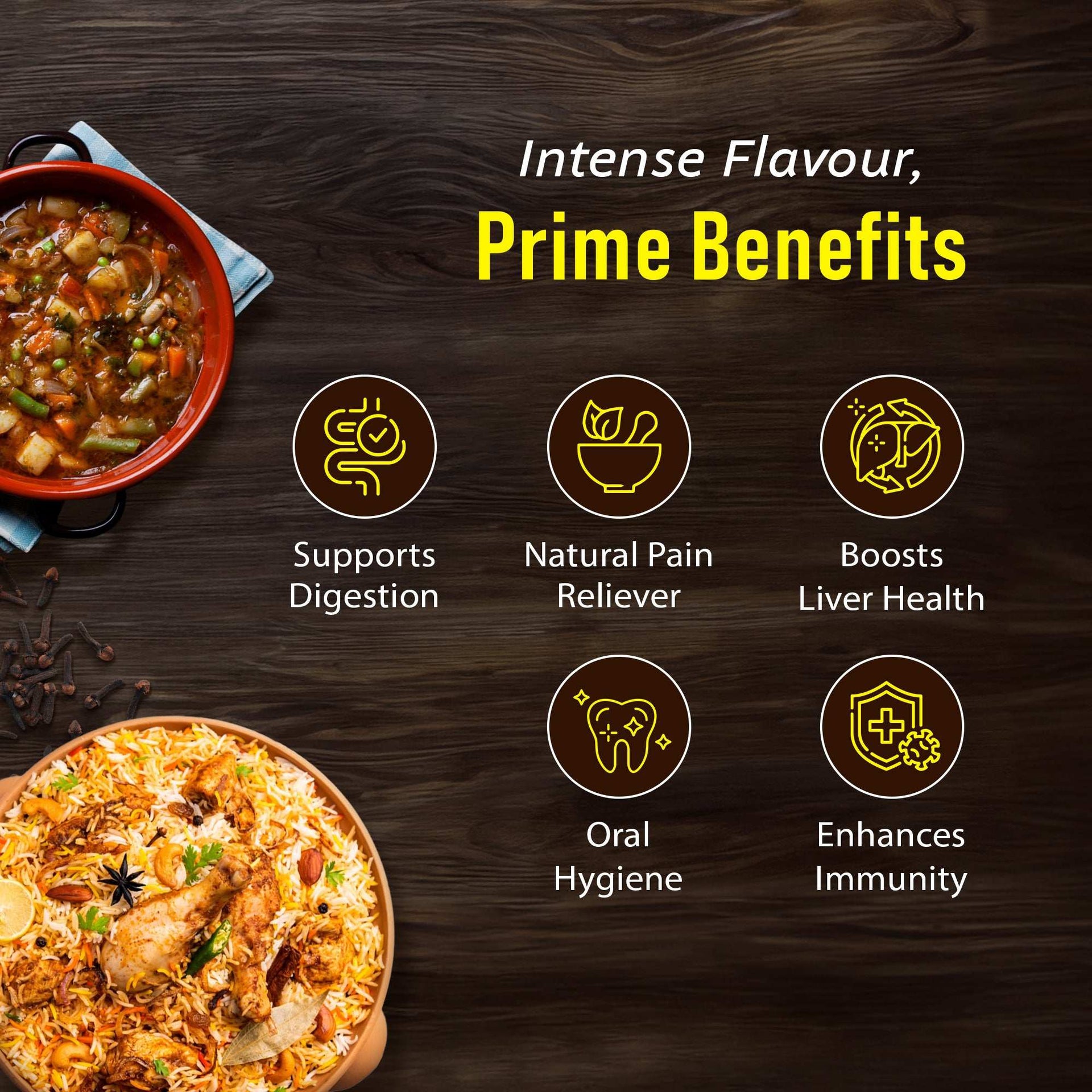 Clove health benefits visual showing bowls of curry and biryani, highlighting benefits like digestion support, pain relief, oral hygiene, liver health, and immunity boost.