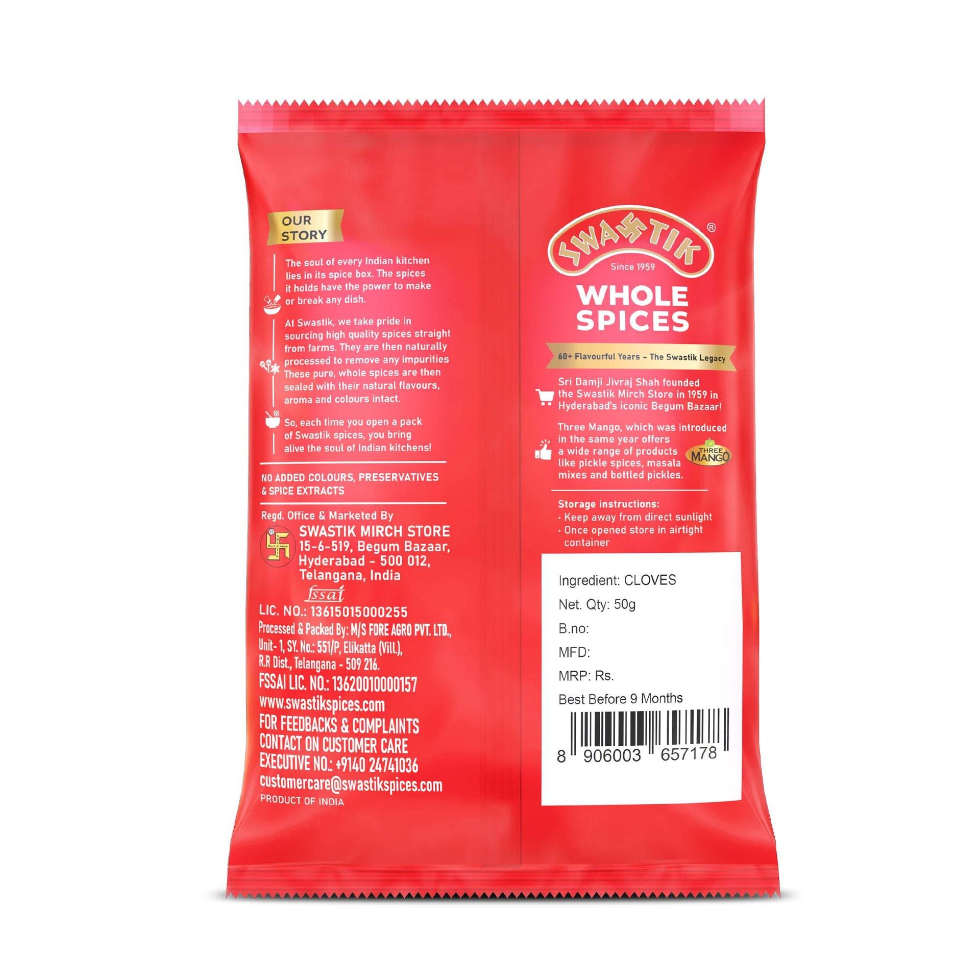 Back view of Swastik Clove (Laung) Whole Spices pack with brand story, manufacturing details, storage instructions, and barcode.