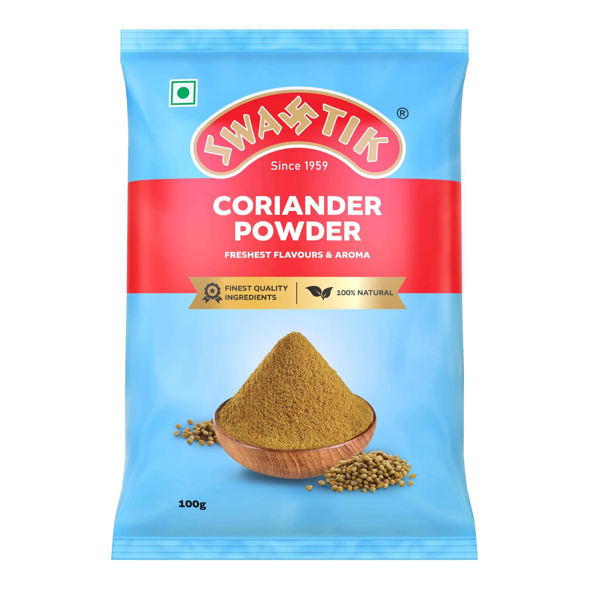 Swastik Coriander Powder 100g pack with bold red and blue packaging, featuring finely ground coriander, coriander seeds, and 100% natural ingredients