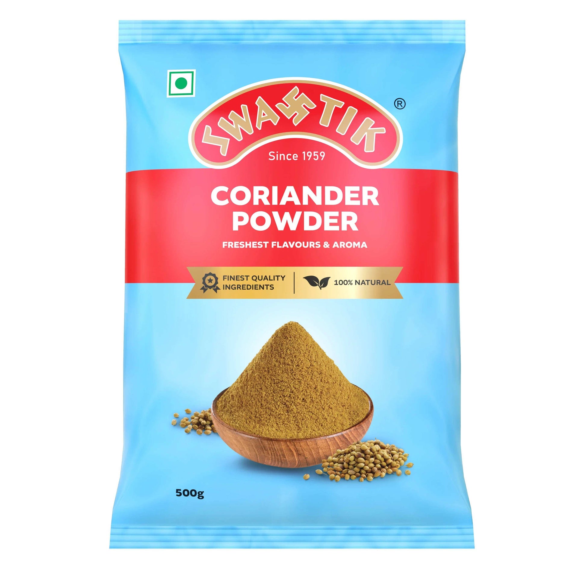 Swastik Coriander Powder 500g front pack with red and blue packaging, wooden bowl of ground coriander, and coriander seeds showcasing 100% natural ingredients