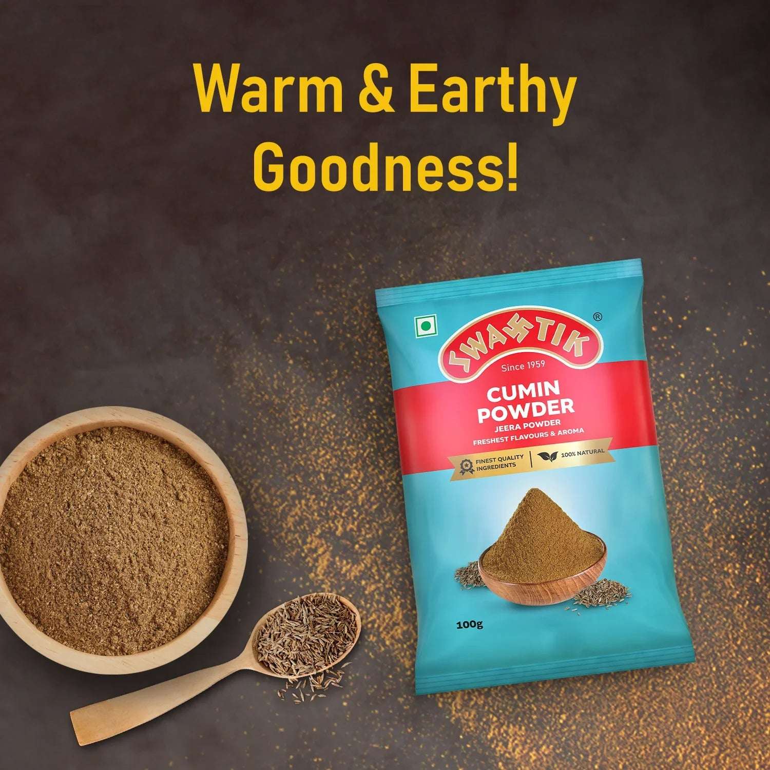 Swastik Cumin Powder 100g pack with cumin seeds and powder on dark background, featuring tagline ‘Warm & Earthy Goodness’