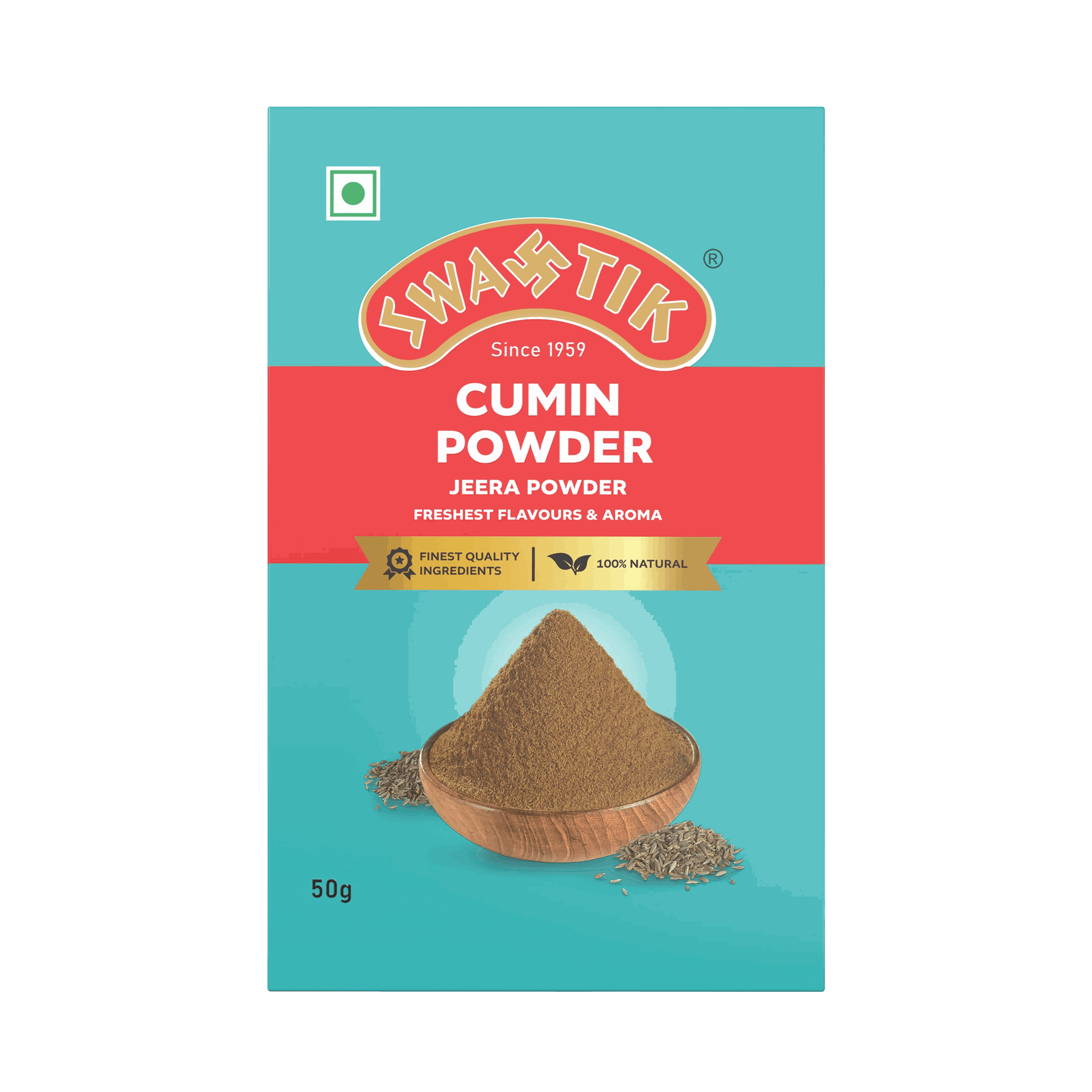 Swastik Cumin Powder 100g front pack with wooden bowl and cumin seeds, labeled 100% natural and finest quality ingredients