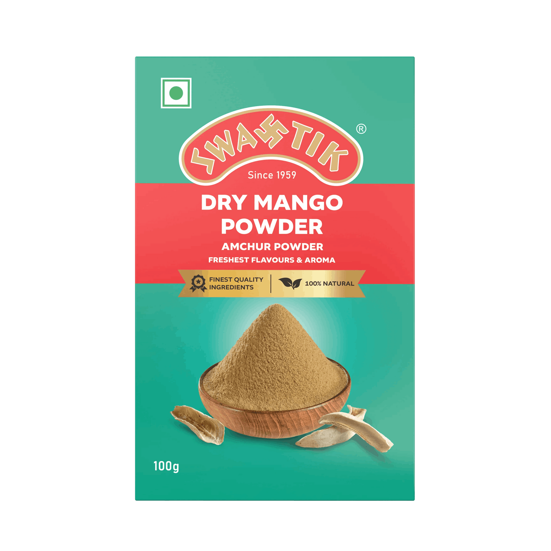 Swastik Dry Mango Powder (Amchur) 100g front pack with wooden bowl of amchur powder and dry mango slices, labeled 100% natural and finest quality ingredients