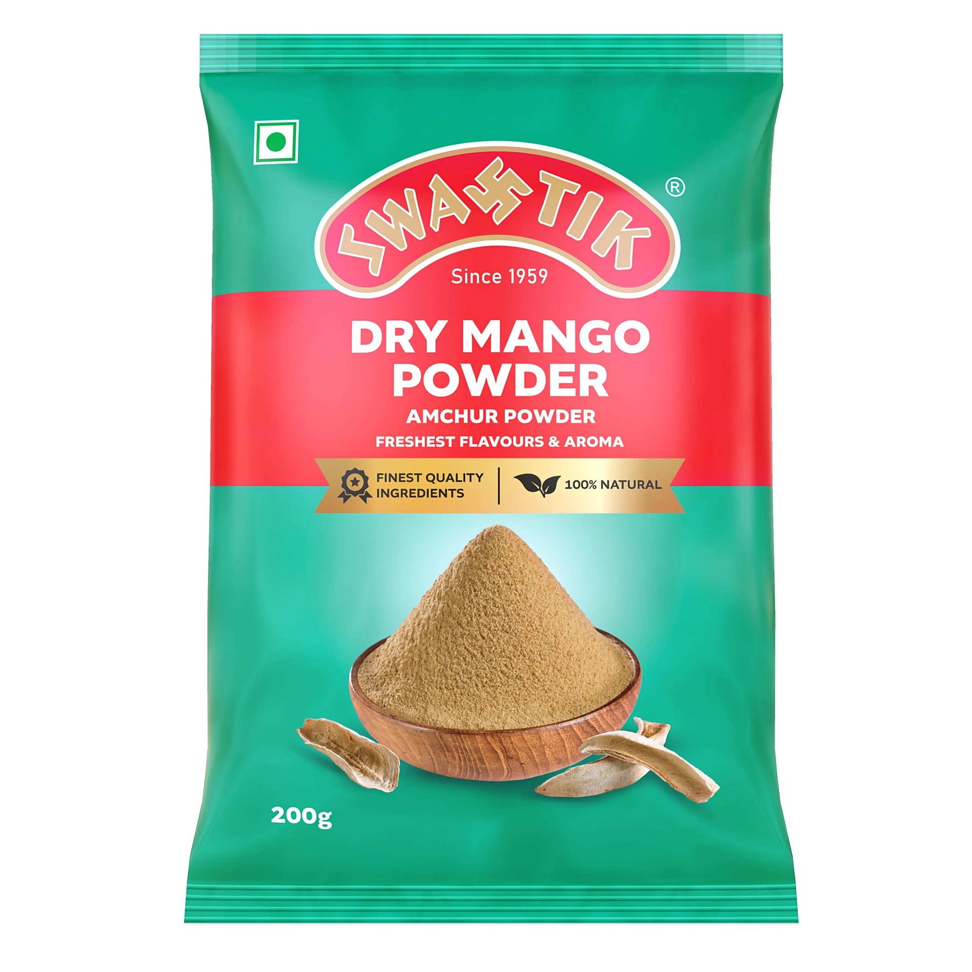 Swastik Dry Mango Powder (Amchur) 200g front pack with wooden bowl of amchur powder and dry mango slices, labeled 100% natural and finest quality ingredients