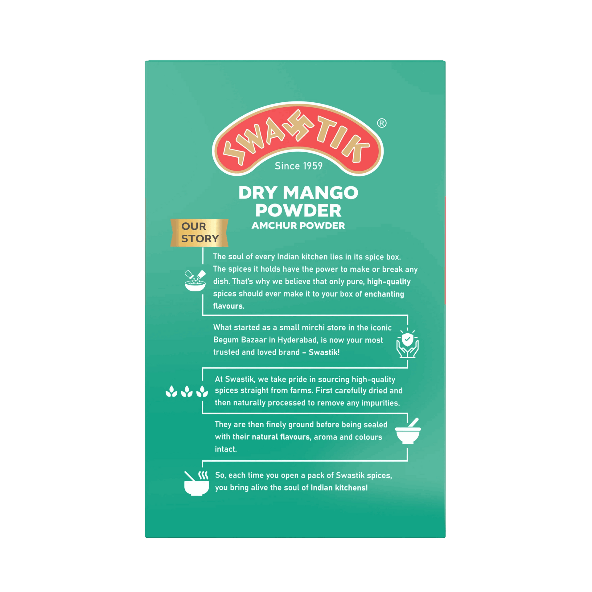 Back of Swastik Dry Mango Powder pack featuring brand story, sourcing process, and commitment to purity and flavour