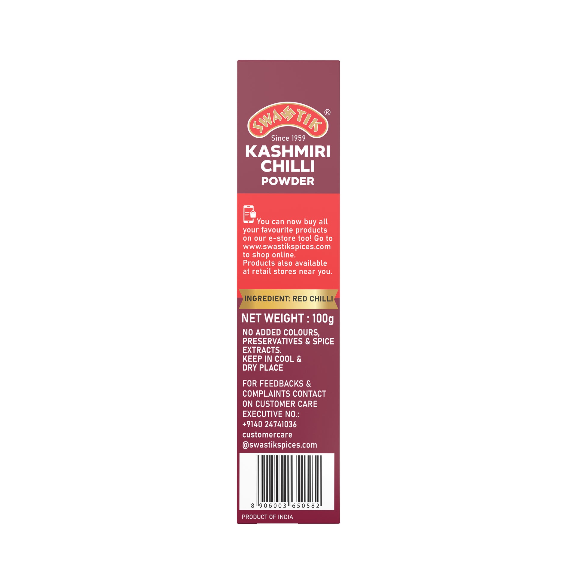 Angled left view of Swastik Kashmiri Chilli Powder – no added colours, 100% natural red chilli variant