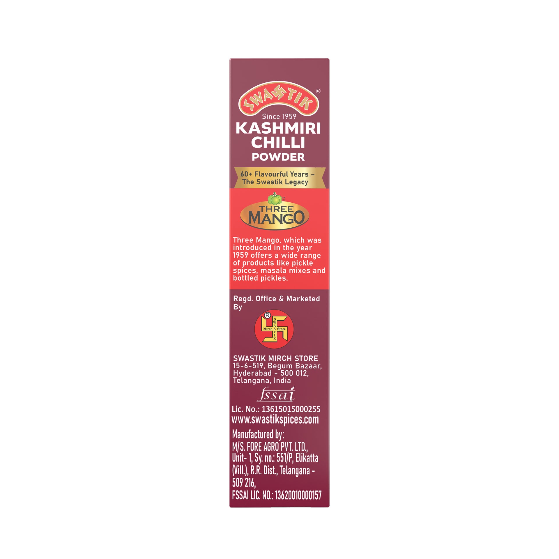 Angled right view of Swastik Kashmiri Chilli Powder pack – 100g pack with finest red chilli for colour-rich dishes