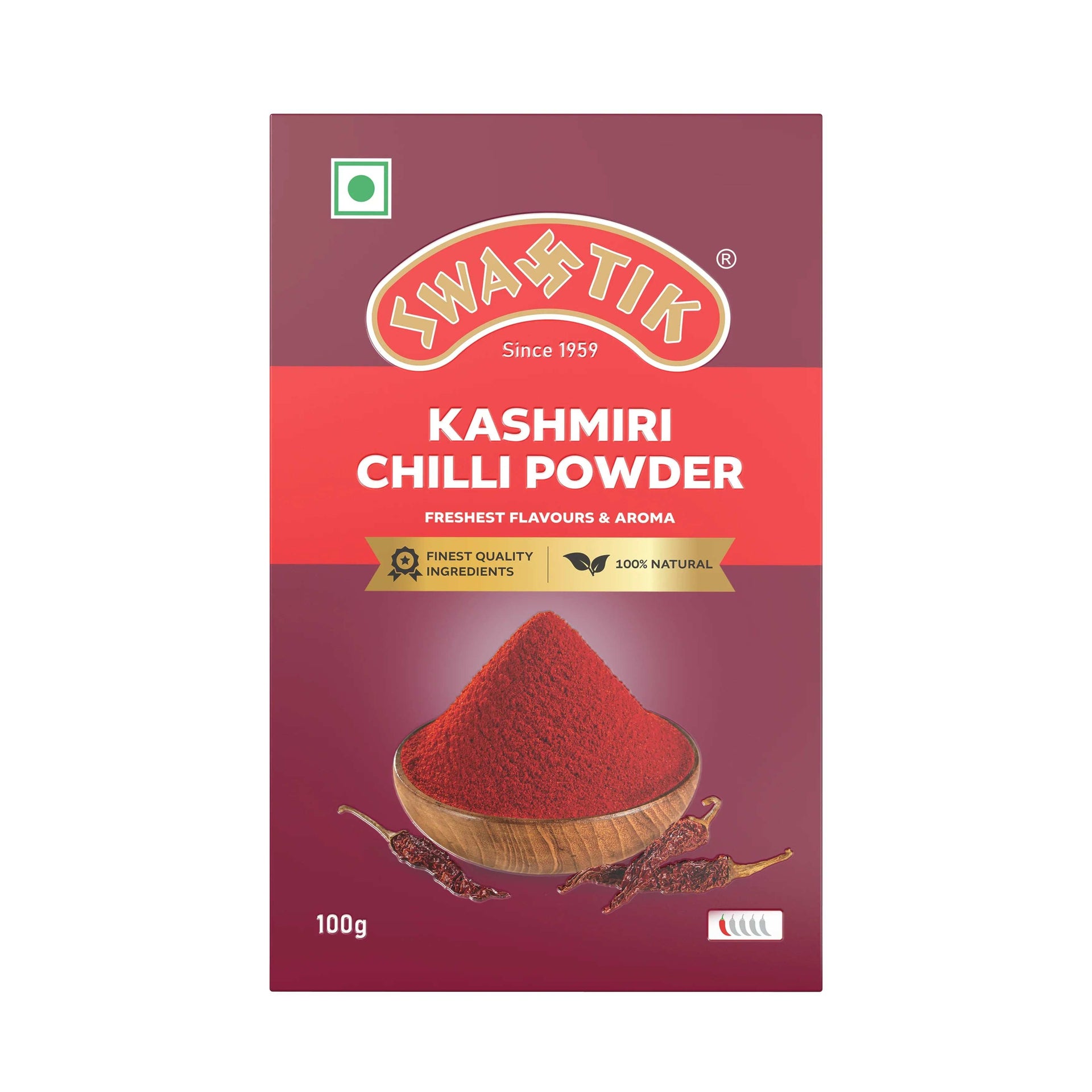 Swastik Kashmiri Chilli Powder 100g front view – vibrant red chilli powder with natural colour and premium aroma