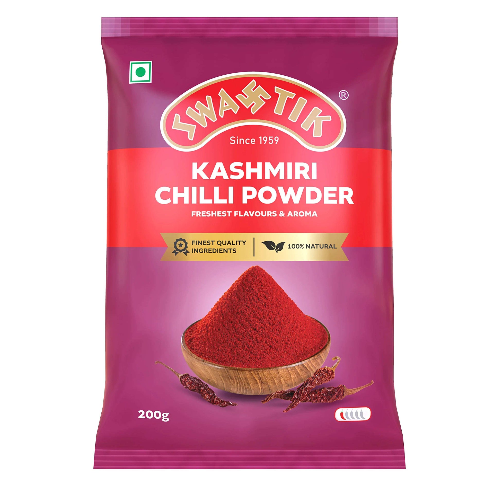 Swastik Kashmiri Chilli Powder 200g front view – vibrant red chilli powder with natural colour and premium aroma