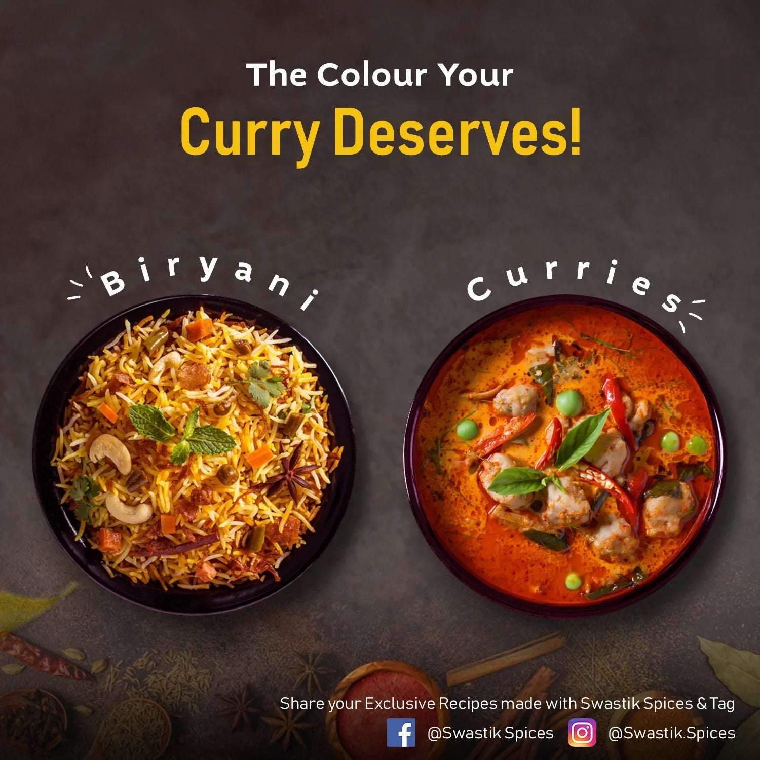 Top view of vibrant biryani and curry dishes showcasing the rich natural red color from Swastik Kashmiri chilli powder.