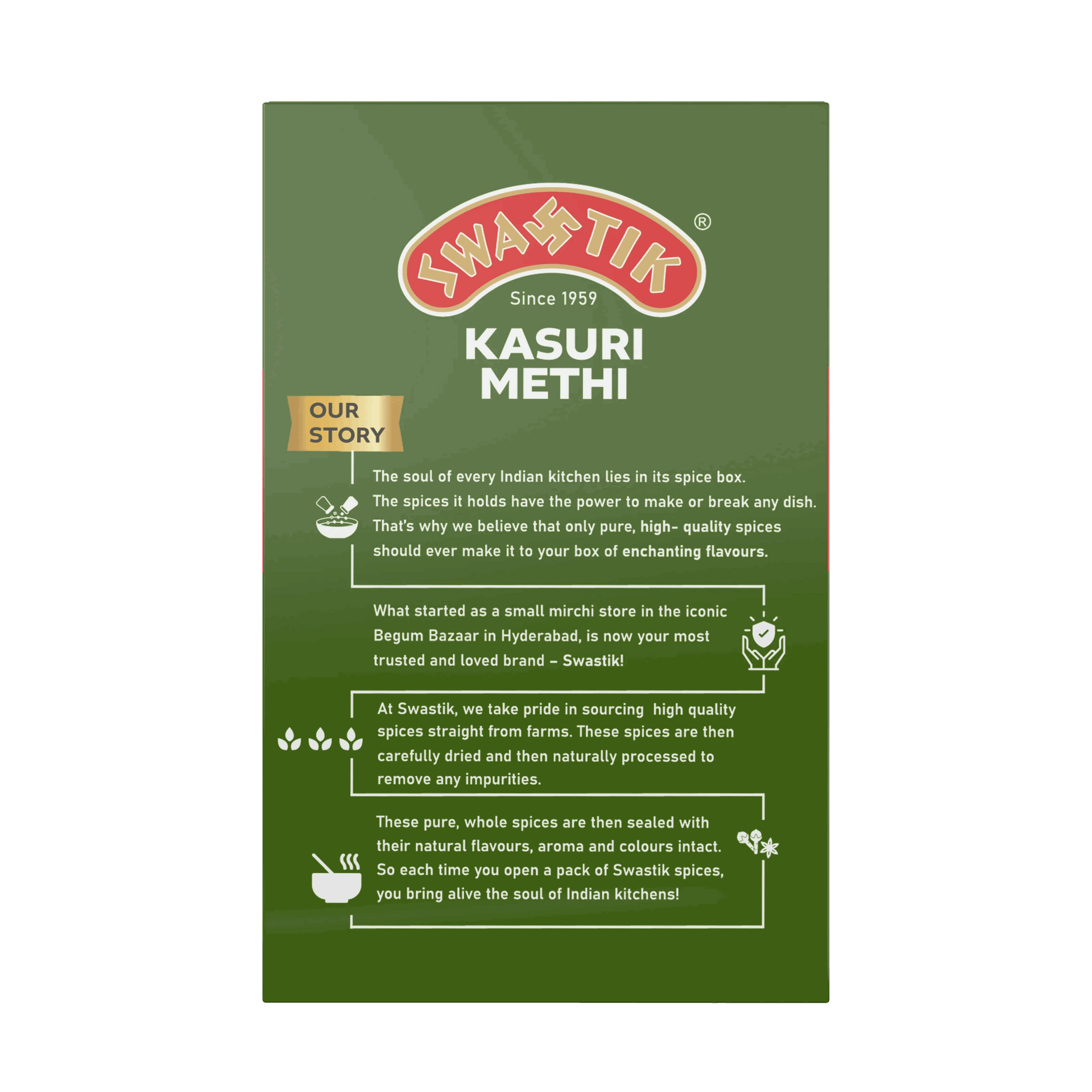 Back of Swastik Kasuri Methi 25g pack with brand story and ingredient info
