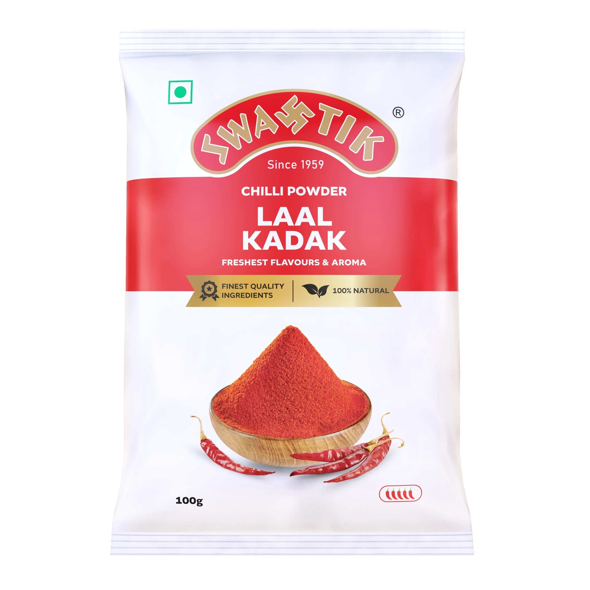Swastik Laal Kadak Chilli Powder 100g pack with red and white packaging, showing a bowl of vibrant red chilli powder and dried chillies below.