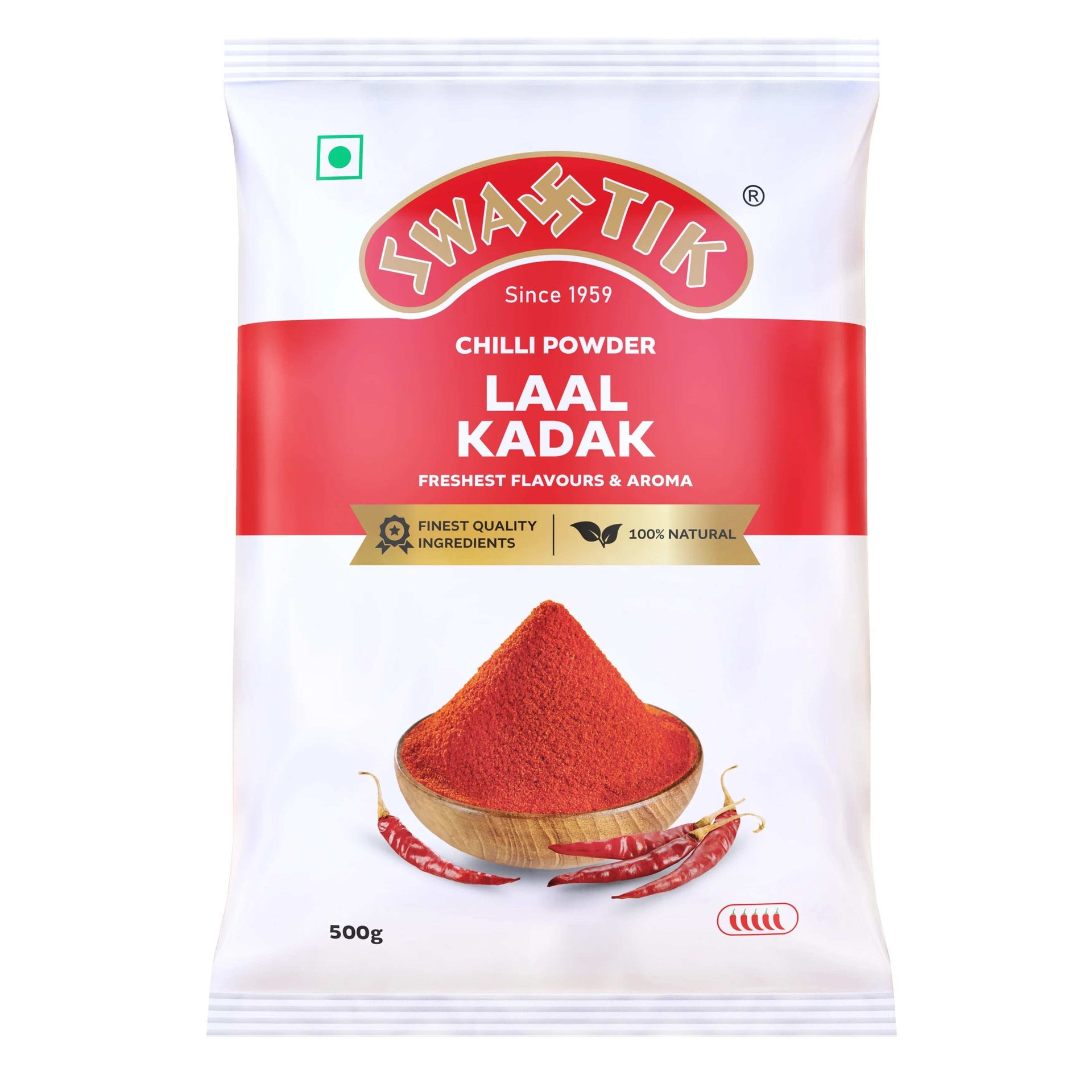 Swastik Laal Kadak Chilli Powder 500g pack with red and white packaging, showing a bowl of vibrant red chilli powder and dried chillies below.