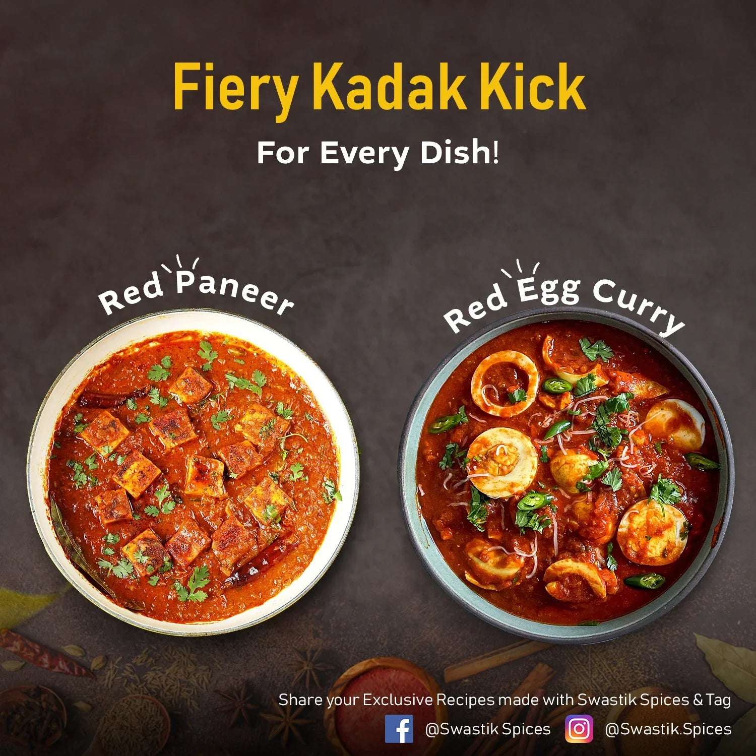 Spicy red paneer curry and egg curry dishes placed on dark background with caption “Fiery Kadak Kick For Every Dish,” promoting Laal Kadak’s bold flavour.