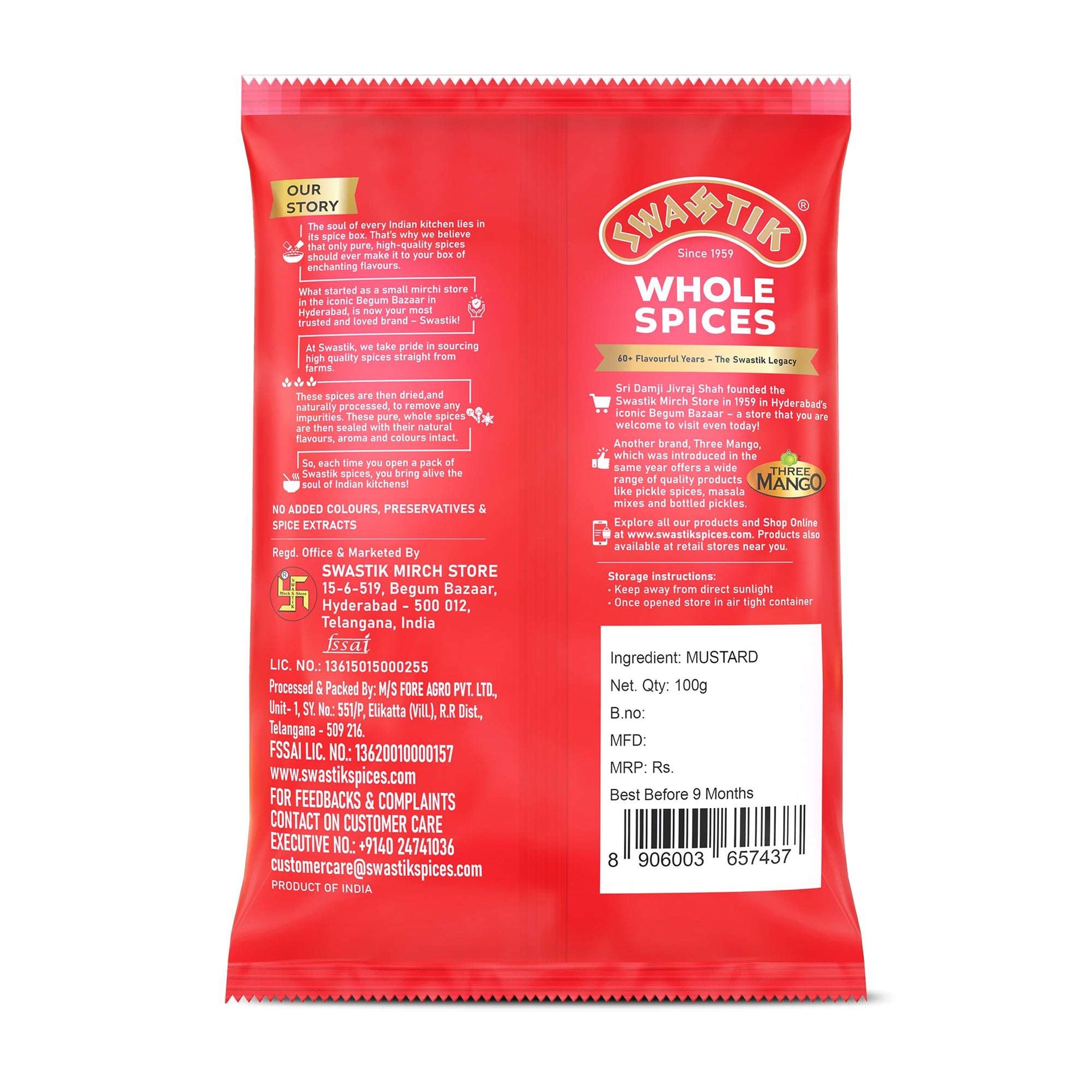 Back side of Swastik Mustard Seeds (Rai) 100g pack showing brand story, manufacturing details, storage instructions, and barcode.