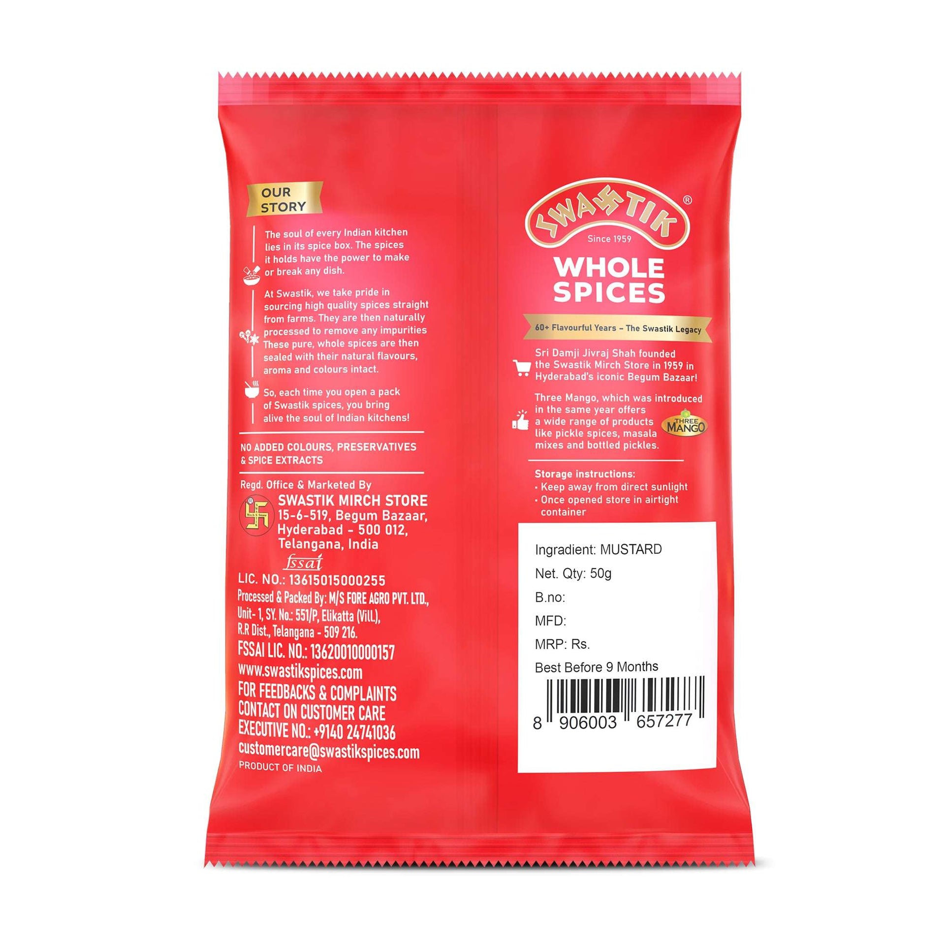 Back side of Swastik Mustard Seeds (Rai) 50g pack showing brand story, manufacturing details, storage instructions, and barcode.