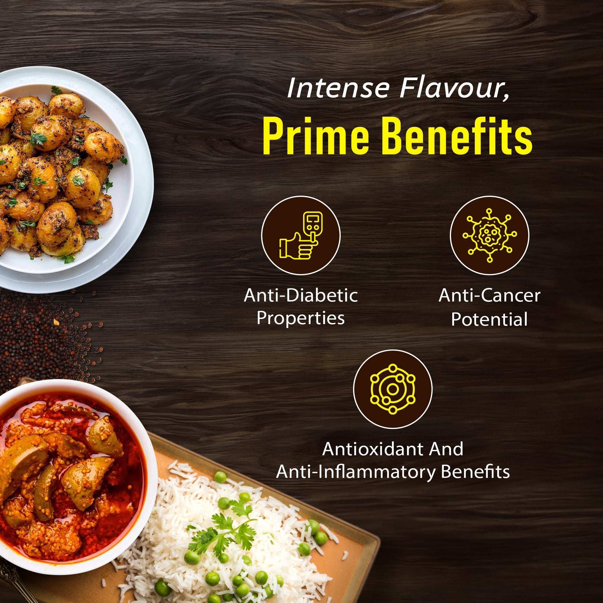 Visual showing mustard seeds with dishes like aloo, curry, and rice, highlighting benefits like anti-diabetic properties, anti-cancer potential, and anti-inflammatory support.