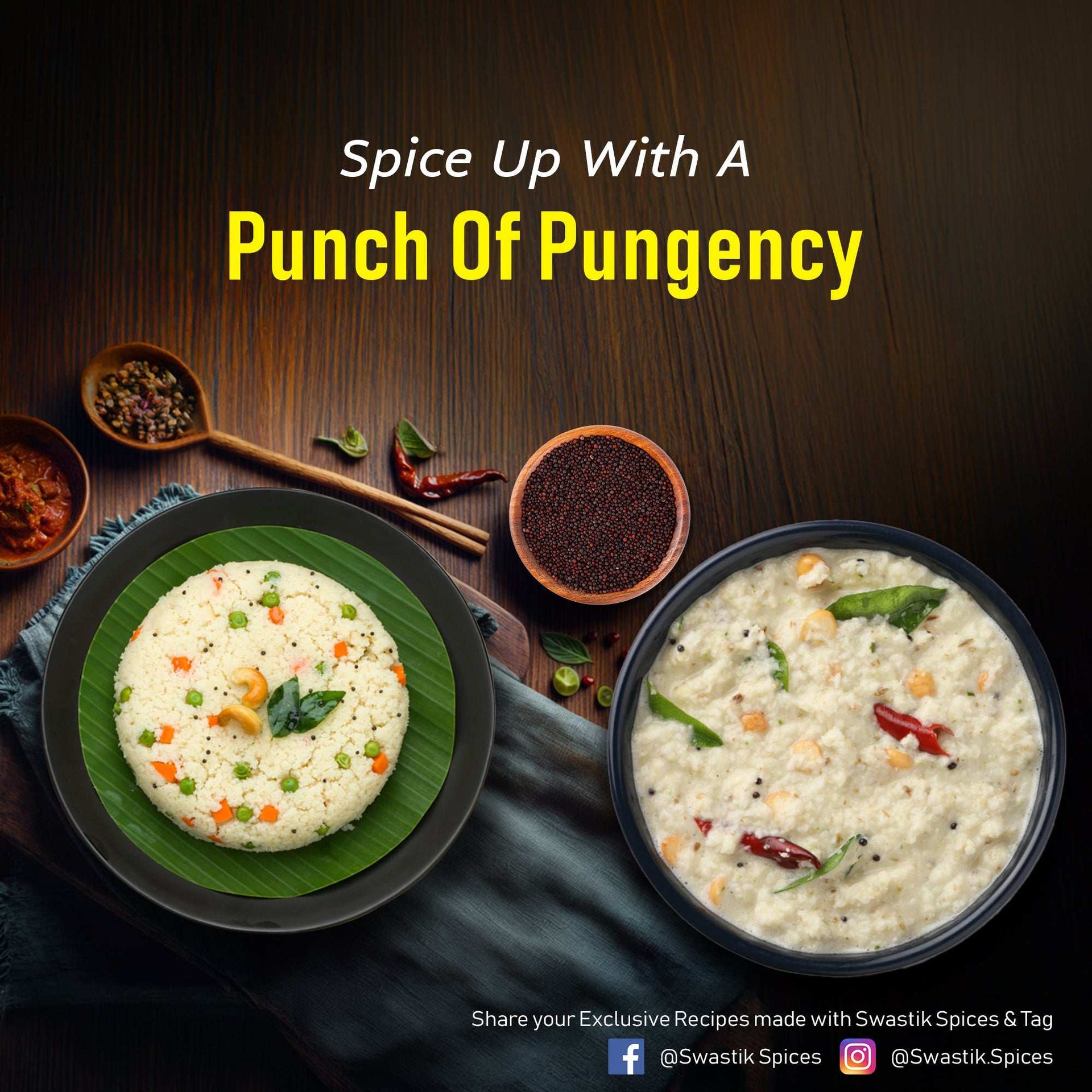 South Indian dishes like upma and curd rice garnished with mustard seeds, curry leaves, and red chillies, with text “Spice Up With a Punch of Pungency.”