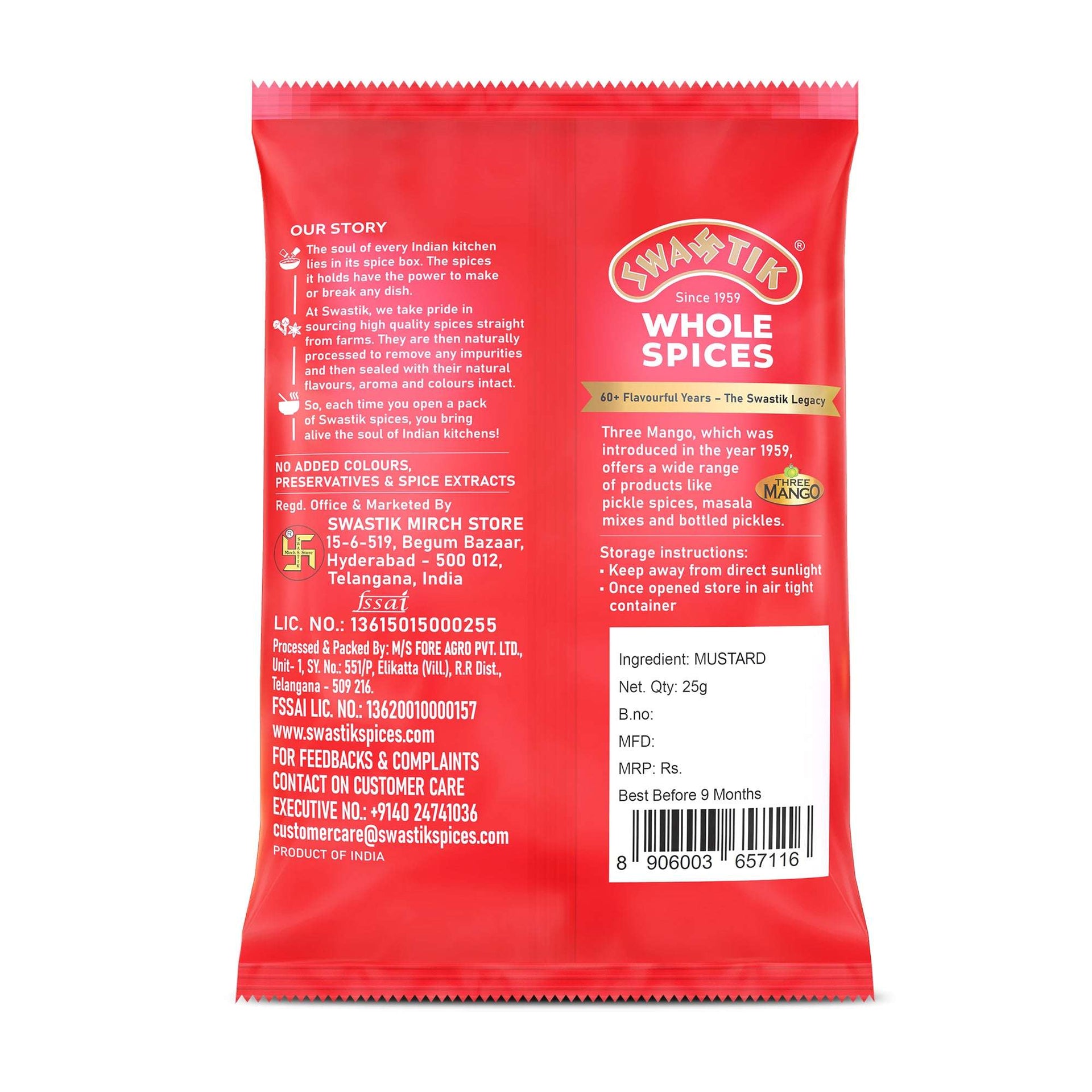 Back side of Swastik Mustard Seeds (Rai) pack showing brand story, ingredients, storage instructions, manufacturing details, and barcode.