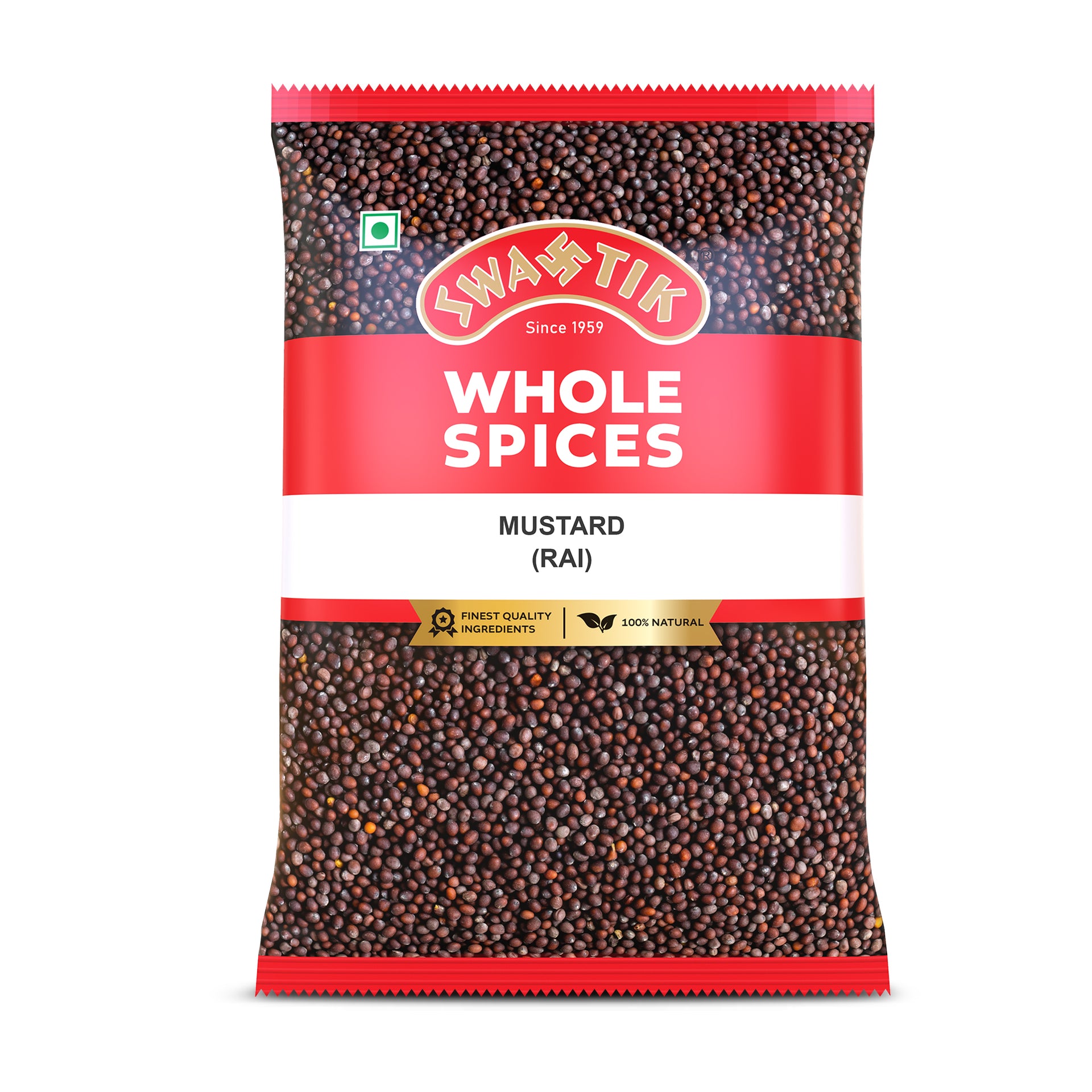Swastik Whole Spices Mustard Seeds (Rai) pack with red and white packaging, showing natural whole mustard seeds, labeled finest quality and 100% natural.