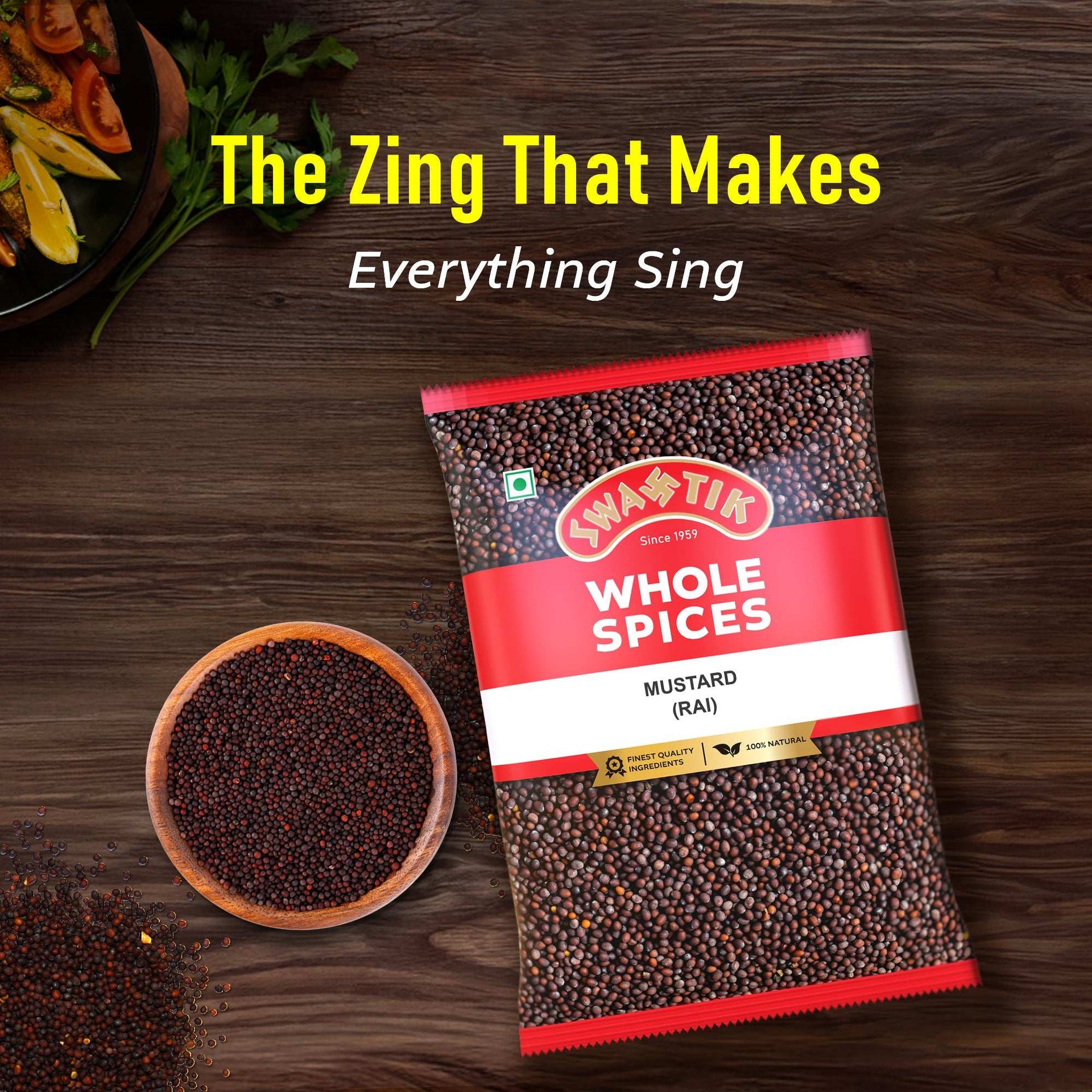Swastik Mustard Seeds (Rai) pack on wooden surface with a bowl of whole mustard and Indian curry, featuring the text “The Zing That Makes Everything Sing.”