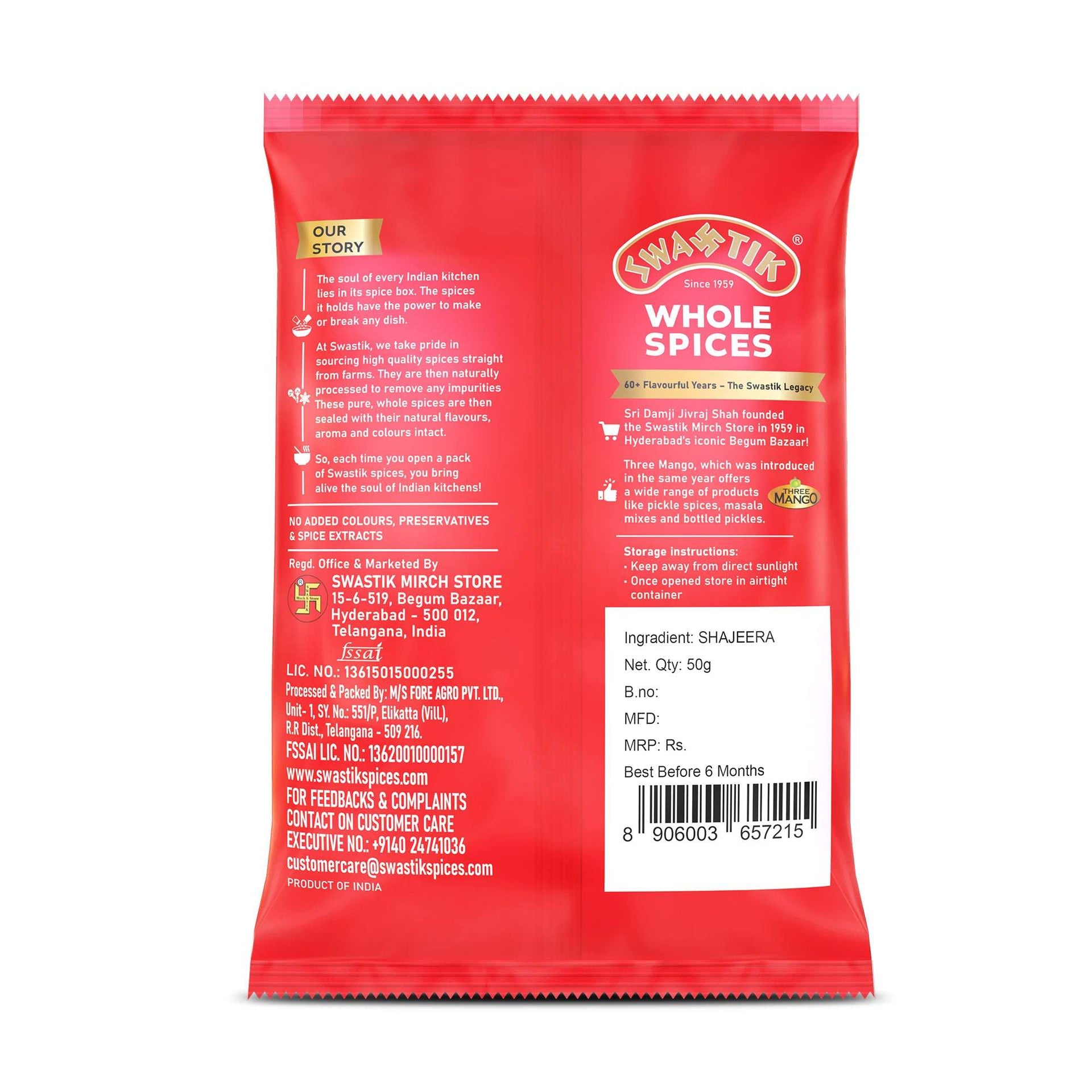Swastik Shahjeera Whole Spices pack back view showing brand story, manufacturing details, storage instructions, barcode, and ingredient listing.
